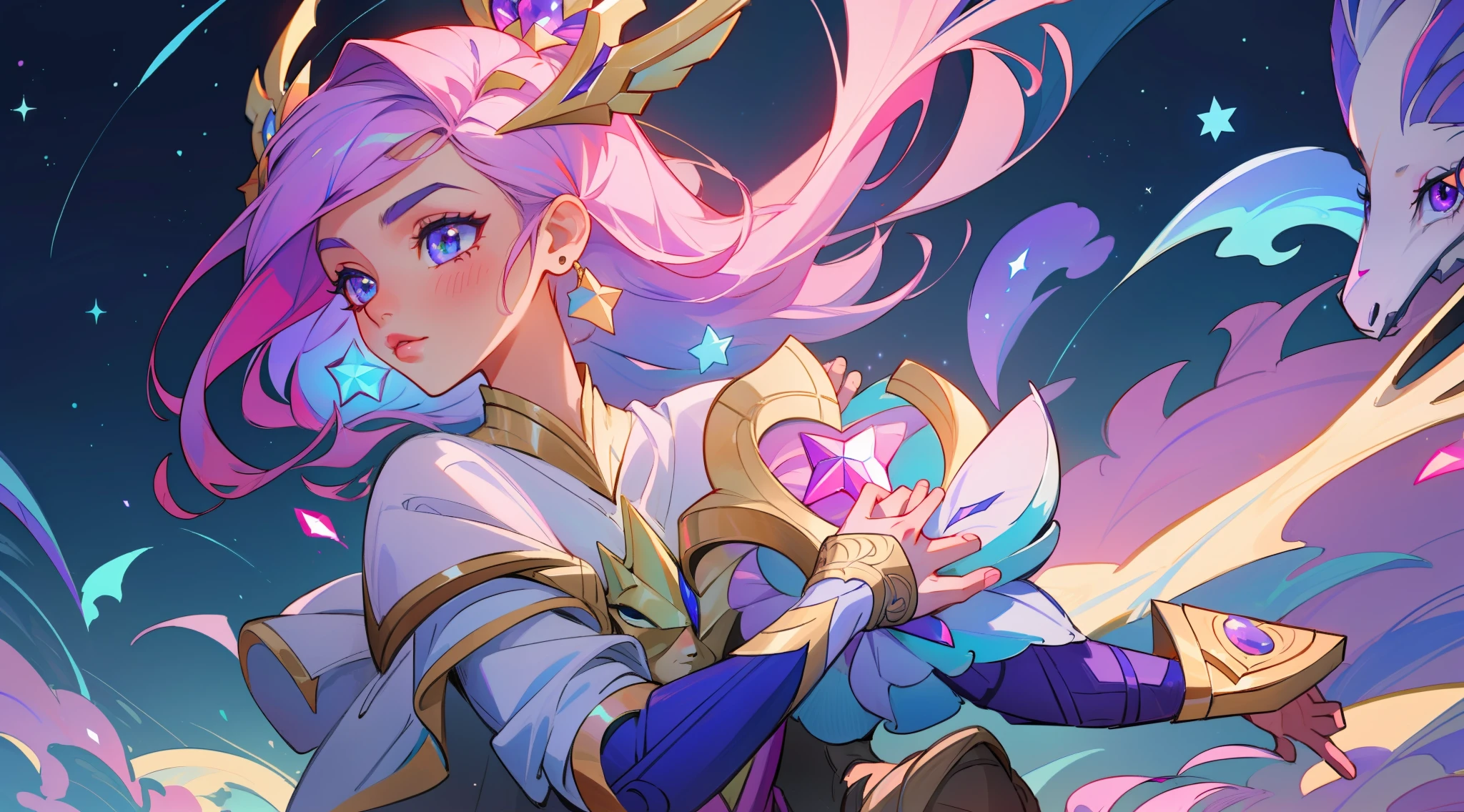 (masterpiece, best quality), intricate details, 8k, artstation, sharp focus, 1girl, star guardian, league of legends, (pink, purple, blue color theme)
