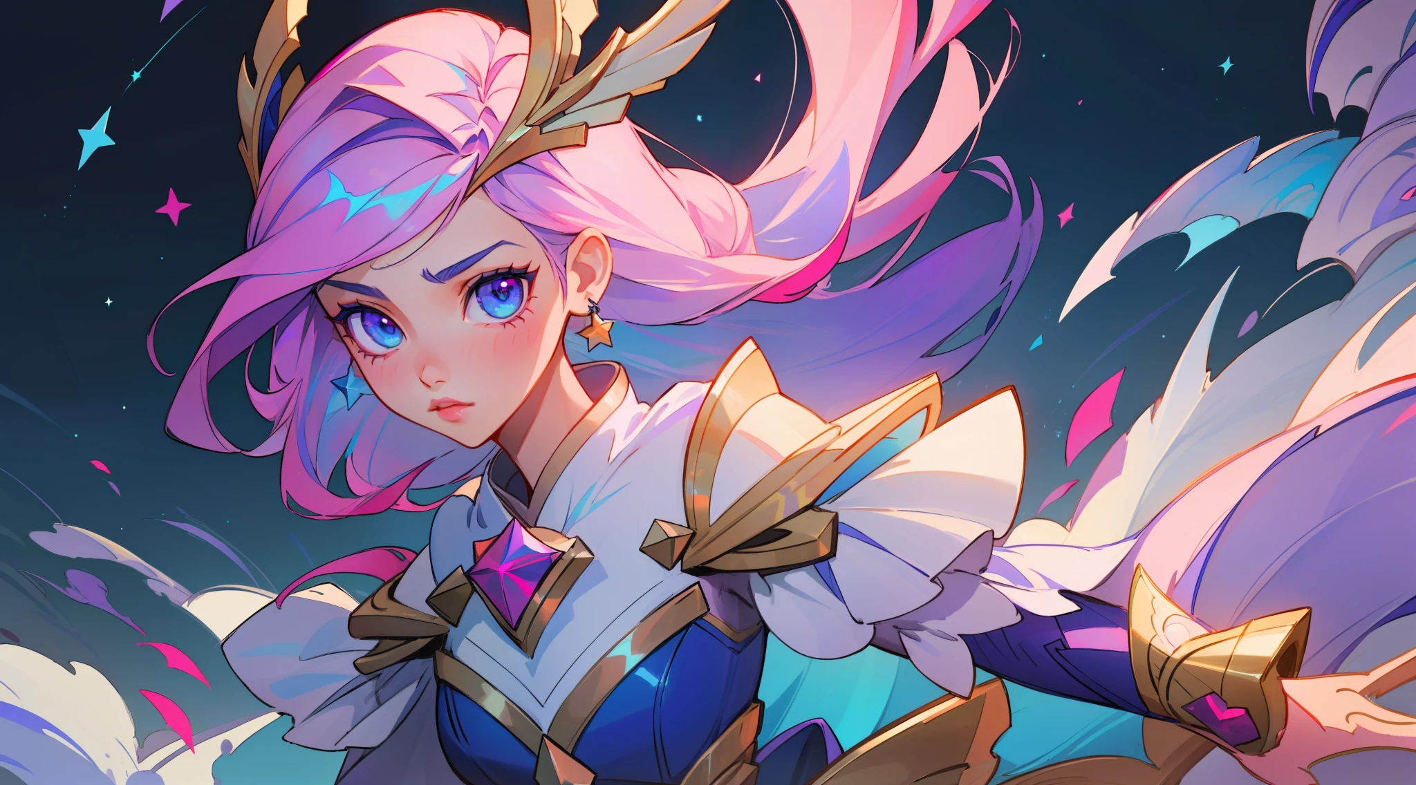 (masterpiece, best quality), intricate details, 8k, artstation, sharp focus, 1girl, star guardian, league of legends, (pink, purple, blue color theme)