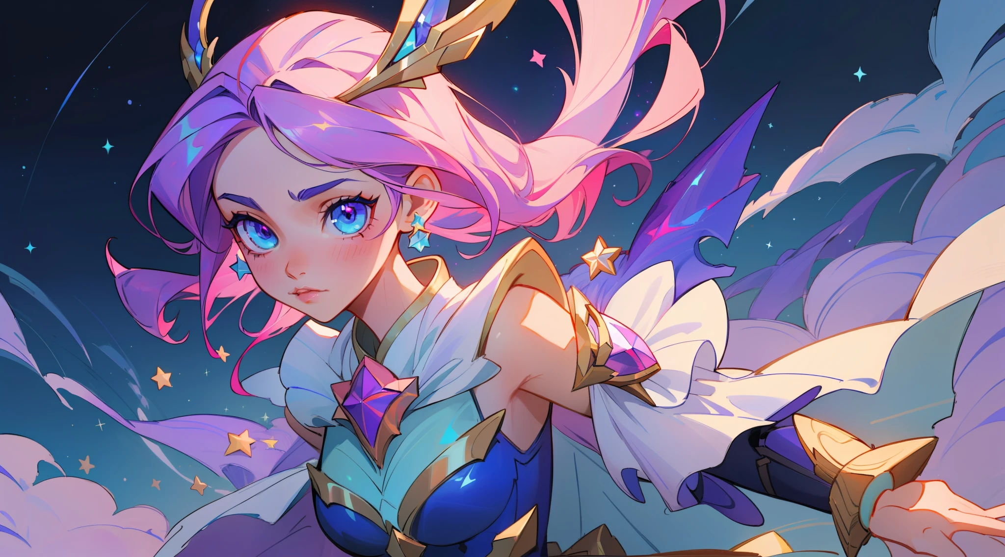 (masterpiece, best quality), intricate details, 8k, artstation, sharp focus, 1girl, star guardian, league of legends, (pink, purple, blue color theme)