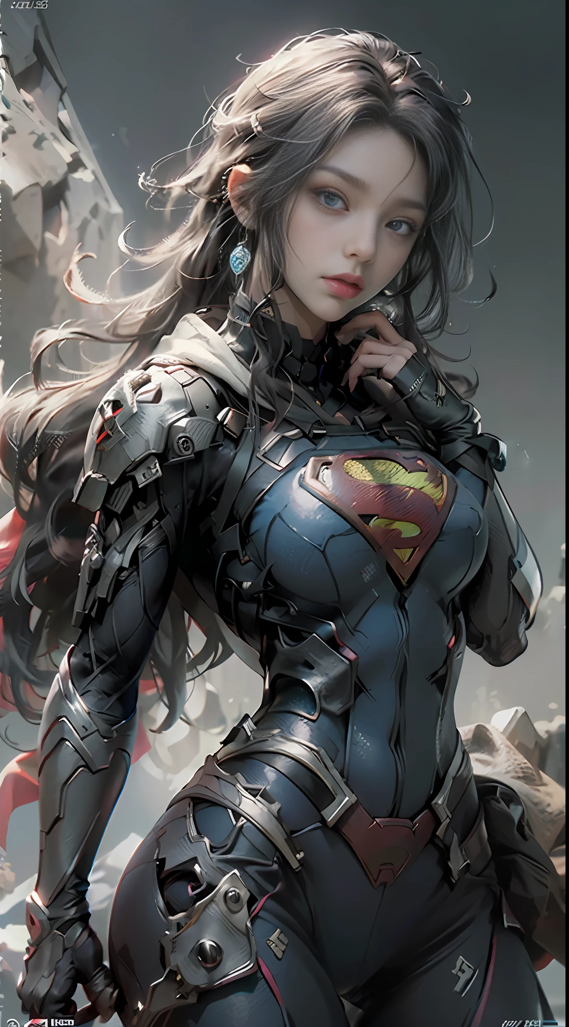 (Melhor Qualidade da Supergirl), ((Obra-Prima), (Detalhe: 1.4), 3D, Uma Bela Mulher loira Cyberpunk, HDR (high dynamic range), Satin Apparel, Ray Tracing, NVIDIA RTX, Super-Resolution, Unreal 5, Espalhamento Subsuperficial, Texturas PBR, Post-processing, anisotropic filtering, Profundidade de Campo, Maximum Sharpness and Sharpness, Texturas Multicamadas, Mapas de Albedo e Realce, surface shading, Precise simulation of light-material interactions, Perfect Ratios, Octane Render, Luz de duas cores, grande abertura, ISO baixo, white-balance, rule of thirds, 8K RAW, with superman S symbol on the chest. Olhos azuis brilhantes.