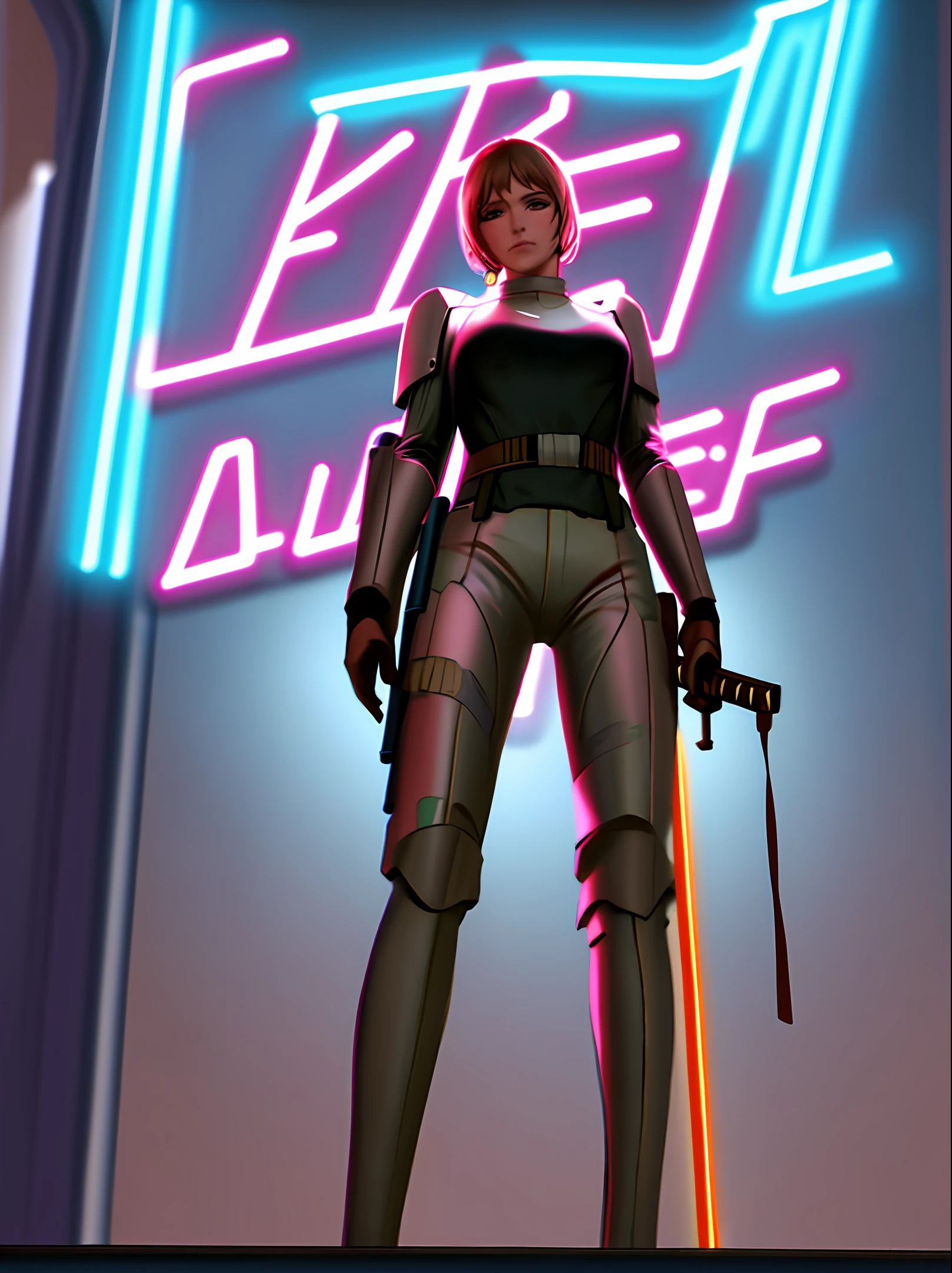 (Masterpiece, Best quality),1girll, dynamic ungle,
sthoutfit, Star Wars, jedi knight, has a lightsaber, lots of StormtrooperS, 
Future City, Neon signs, From below