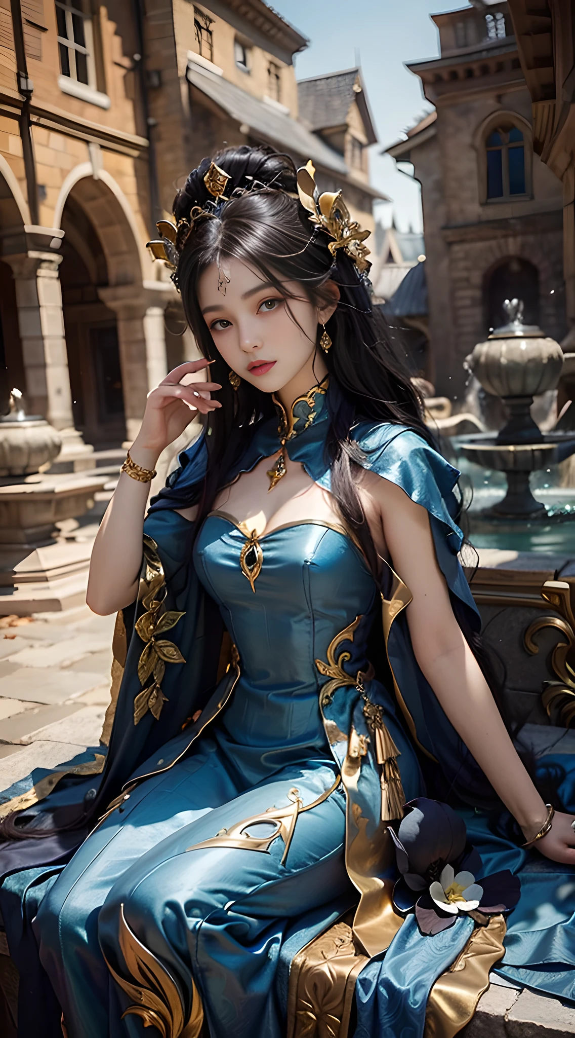 arafed woman in a blue dress sitting on a fountain, fantasy style clothing, fantasyoutfit, ((a beautiful fantasy empress)), an elegant gothic princess, lovely dark autumn princess, a beautiful fantasy empress, dreamy dress, dreamlike、ethereal、darkness, Ethereal fantasy, ethereal fairytale, Ethereal beauty, gold brocaded dark blue clothes, beautiful fantasy maiden, Beautiful maiden