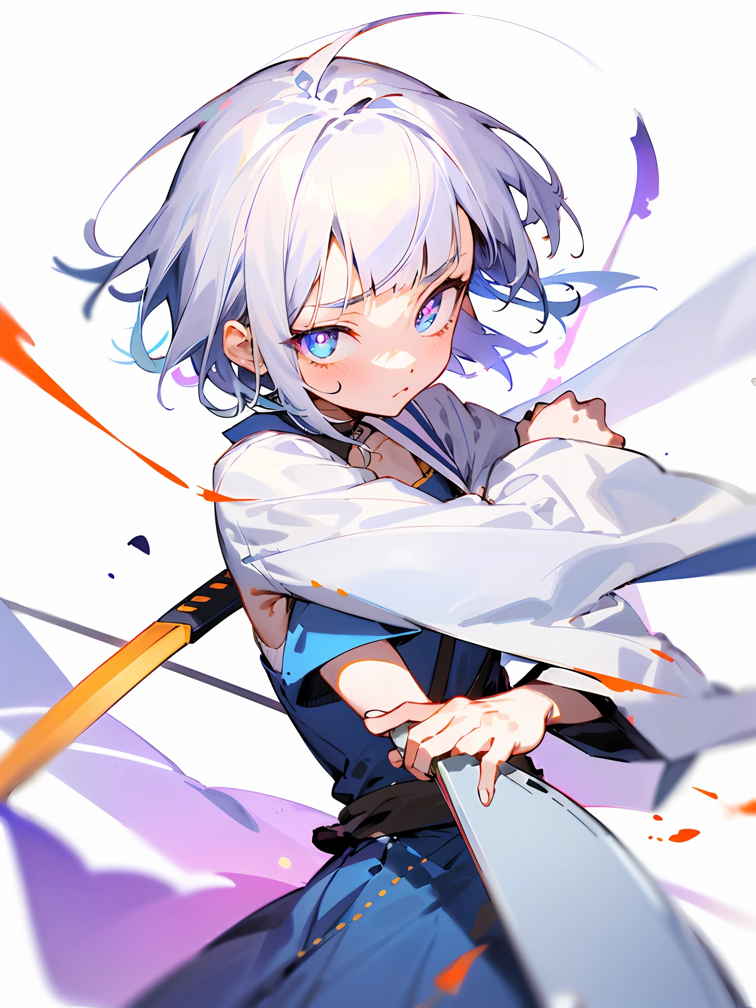 anime girl with a sword and a blue dress, white-haired god, short detailed hair, whaite hair,Itomi Sayaka,The knife makes it a witch,Purple pupils,Hand-held sword,Small dullness,Elongated bangs,tmasterpiece