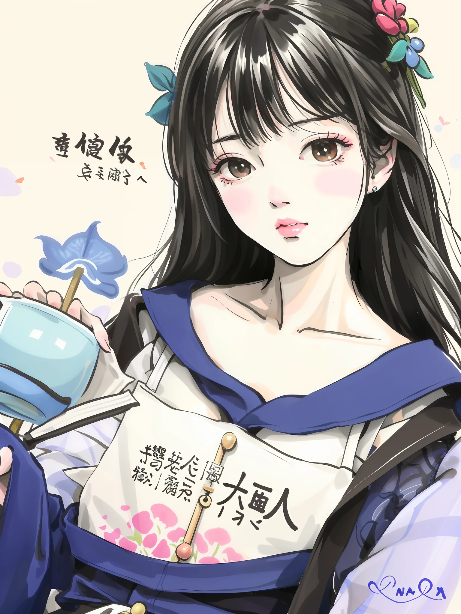 Having a book,There is a picture of a woman on it,She has a flower in her hair, author:Yasutomo Oka, by Shinoda Toko, author:Nobusada Yanagawa, author:Junsaku Koizumi, author:Narashige Koide, art book, author:Kaneokase Kane, author:Ayako hexagon, japanese illustrator