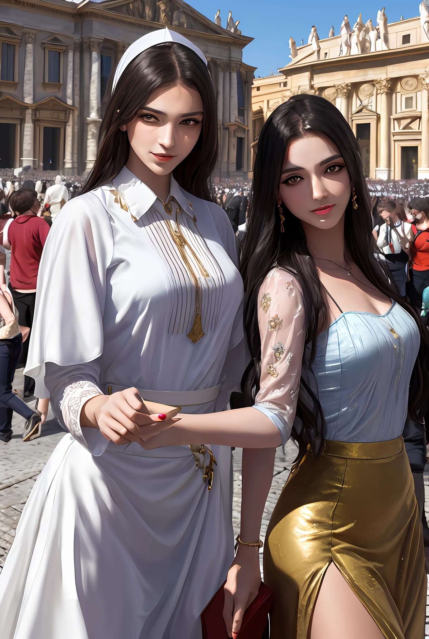 (巨作, Best quality, Realistic),
2girls,duo,(on the St. Peter's Square of Vatican,crowd of), sankta. Peter's Square of Vatican background,gypsy dress,(Princess Eyes,shiny pupils),Dancing,  Gold, banquet, crowd of, picking up skirt,
[Slight smile],