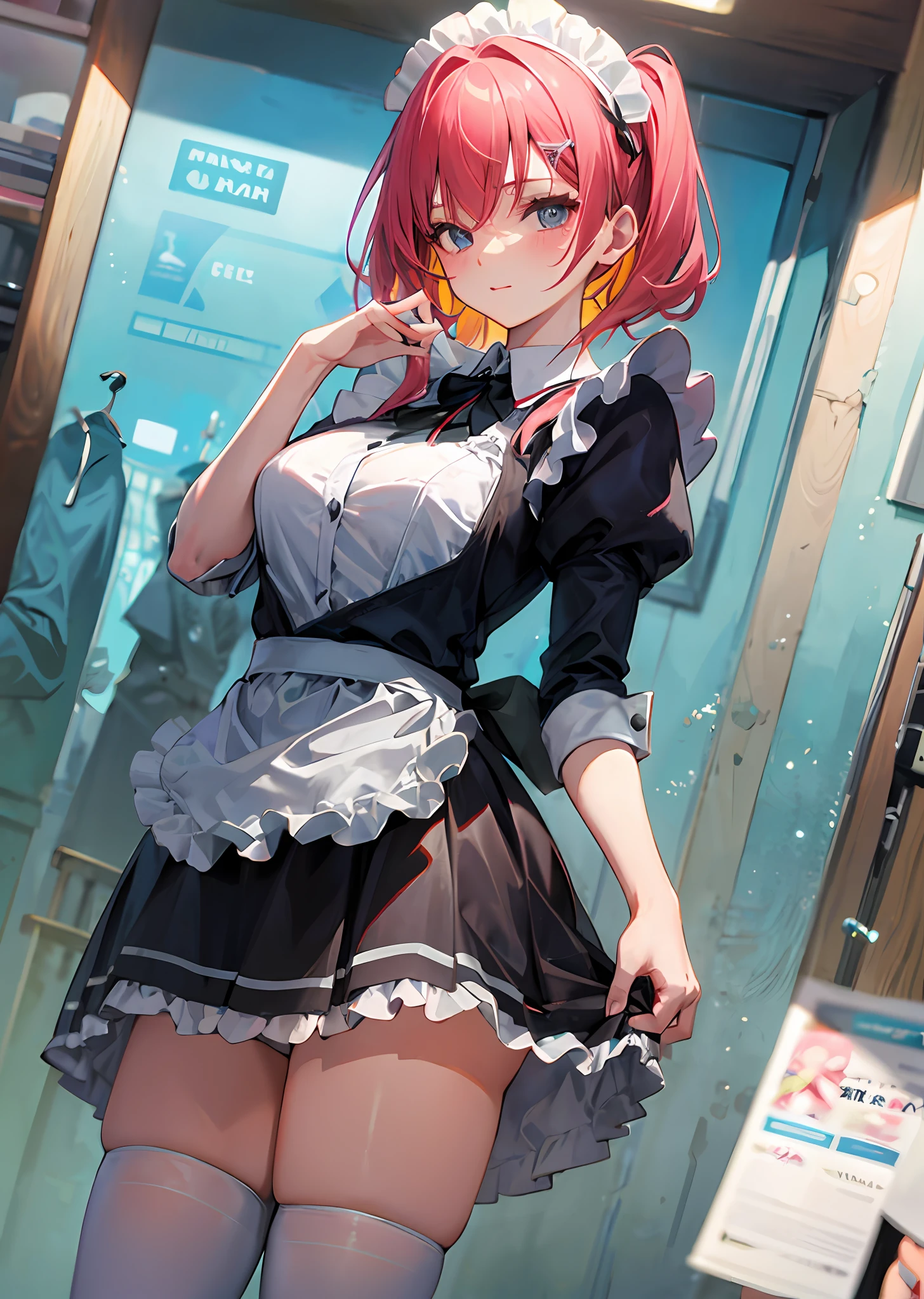 The maid lifted her skirt with one hand,Reveal your own damp lace panties,Place the other hand on the panties