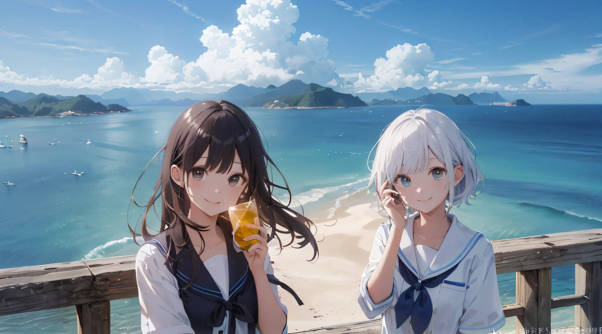 (finely best quality:1.5)、(ultra-detailliert:1.5)、(Highest Quality Photos:1.5)、Beautiful Girl High School Girl、a very cute、Crystal clear white skin、Beautiful sea、The ocean as far as the eye can see、Summer sky、Into the cloud、Beach、1 persons、Staring at the clouds、Radiant smile、Islands in the Seto Inland Sea、Nostalgia hobby、nostalgia、