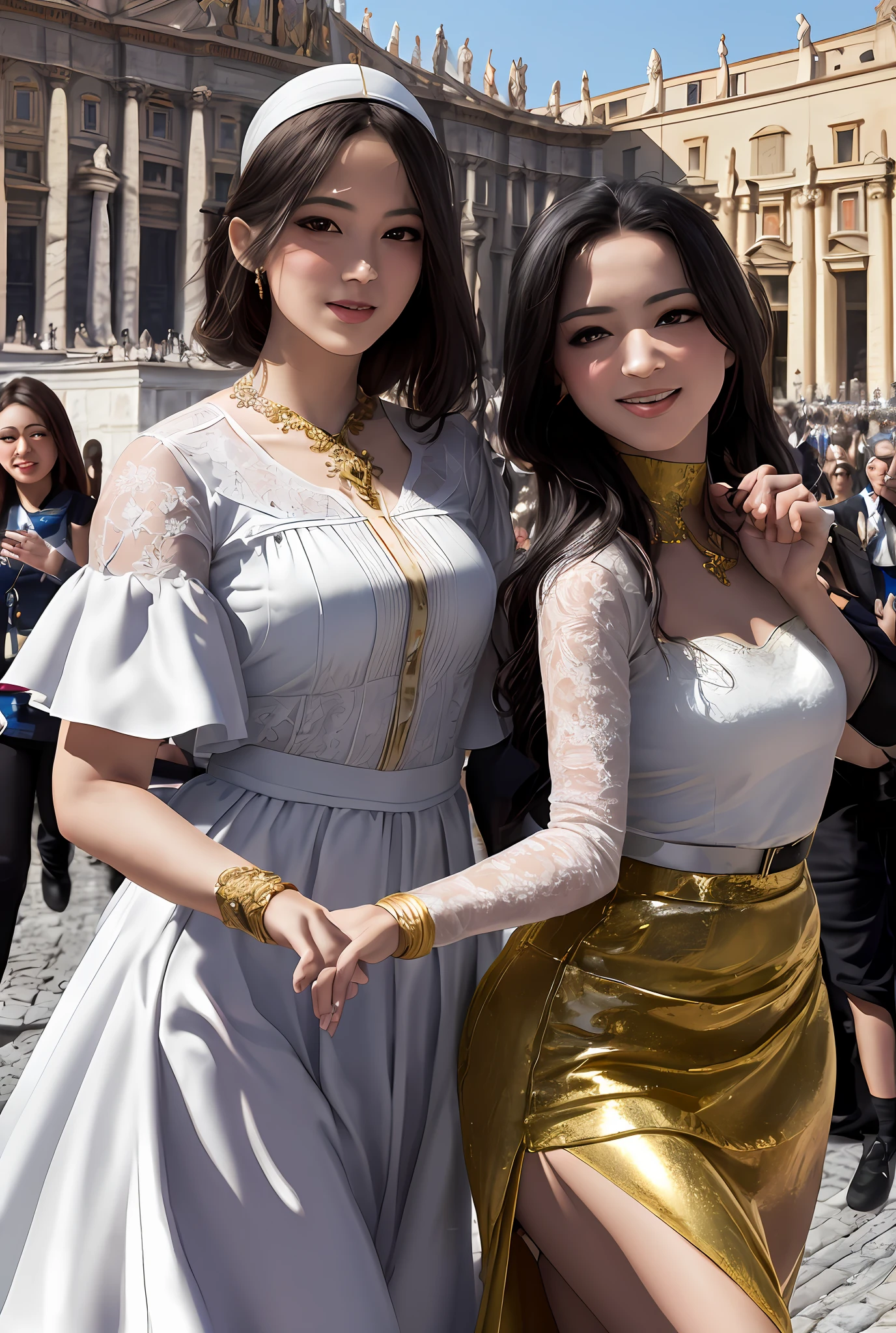 (巨作, Best quality, Realistic),
2girls,duo,(on the St. Peter's Square of Vatican,crowd of), sankta. Peter's Square of Vatican background,gypsy dress,(Princess Eyes,shiny pupils),Dancing,  Gold, banquet, crowd of, picking up skirt,
[Slight smile],