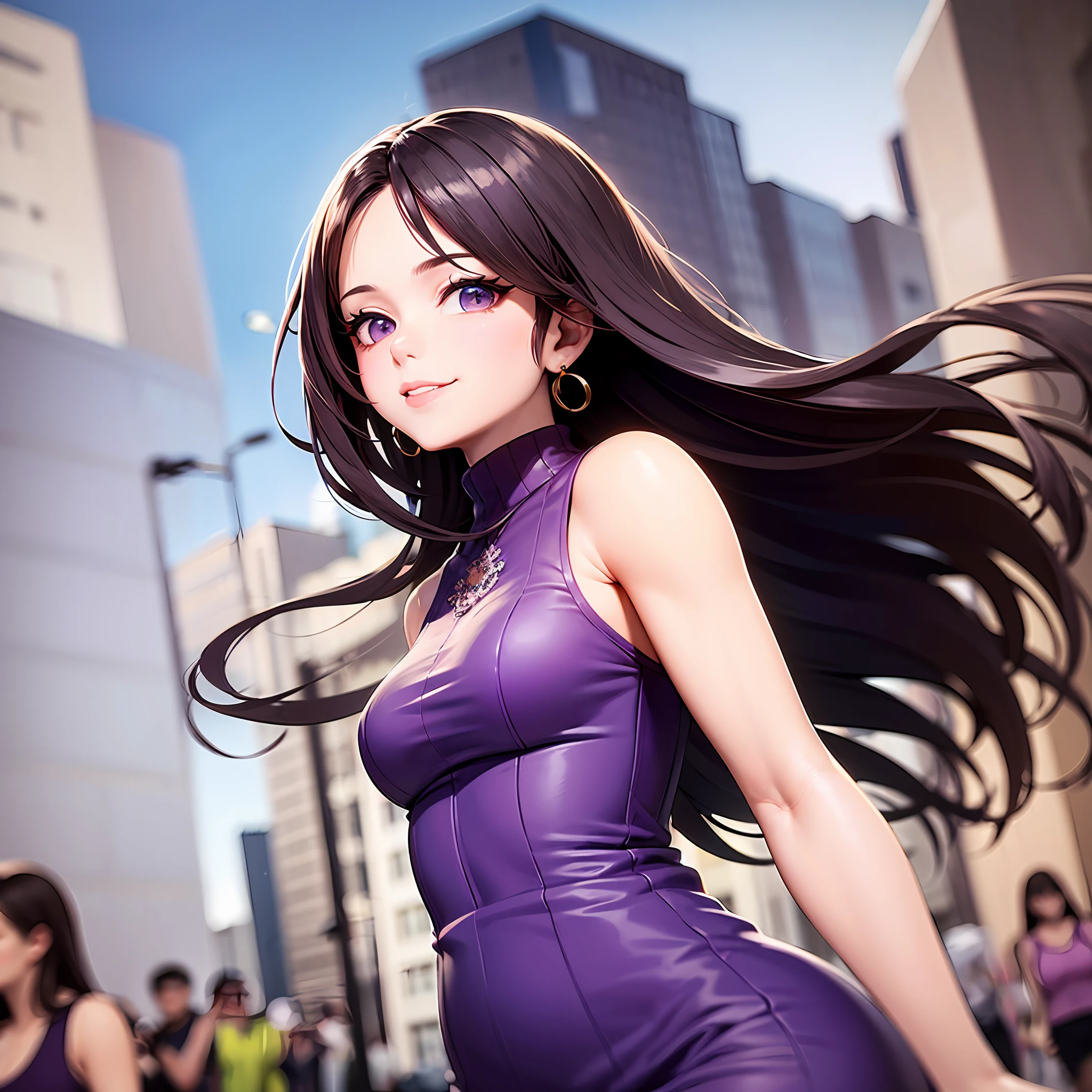 A woman poses on a street corner, wearing a light purple dress, best quality, high resolution, 8K, 1 girl, (), day, bright, outdoor, (street: 0.8), (people, crowd: 1), (lace trim dress: 1.5, purple clothes: 1.5, purple turtleneck dress: 1.5, sleeveless dress, light purple cloth 1.5), gorgeous, (forehead, long hair: 1.5), beautiful details sky, beautiful earrings, (dynamic pose: 0.8), (upper body: 1.2), soft lighting, wind, shiny skin, looking at the audience, smiling, closed mouth, --auto