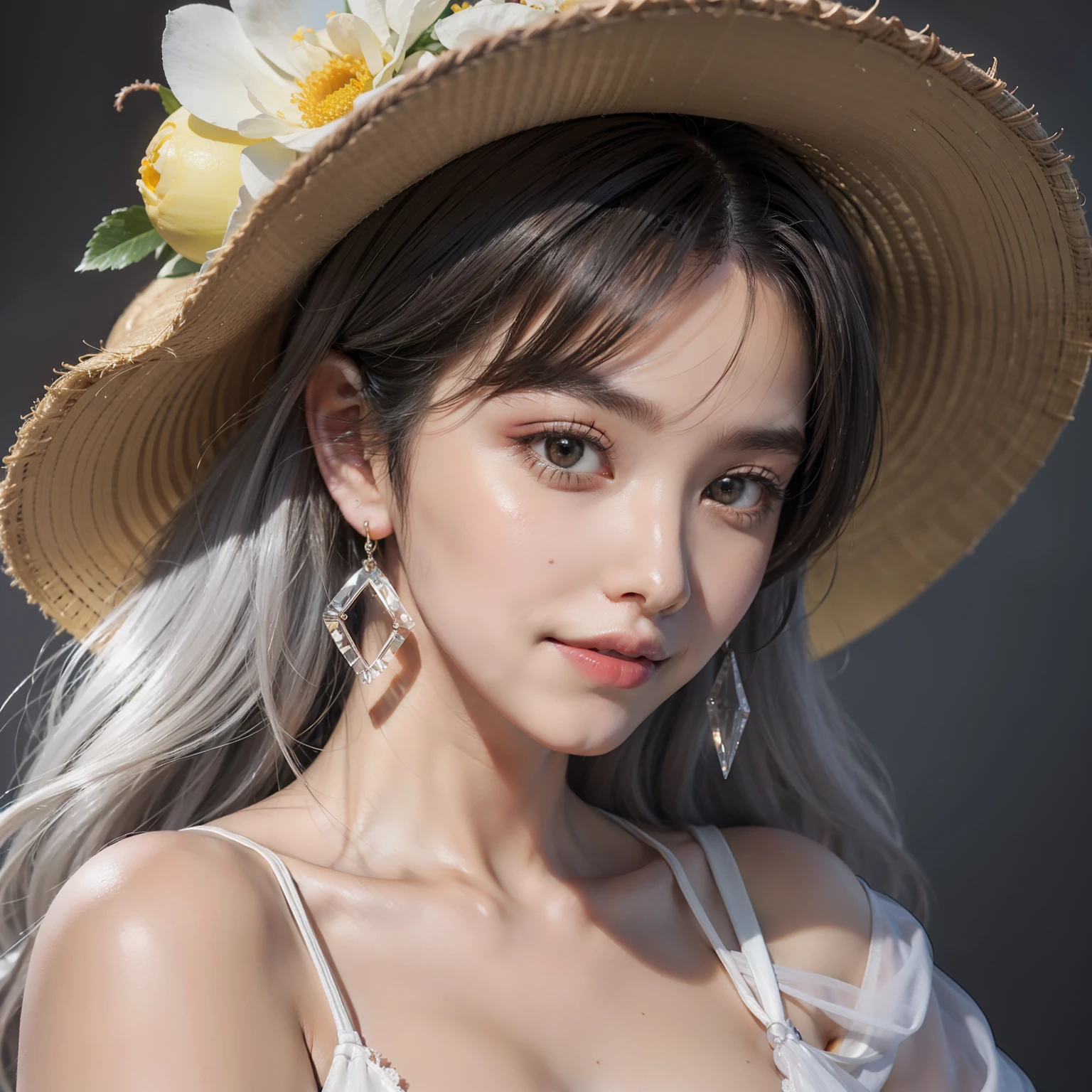 a beauty girl, Flaming red lips, Smoke eyebrows, Danfeng Eyes, Charming eyes, Goose egg face, Fair and delicate skin, Thin waist, The figure is bumpy, Mature charm, a beauty girl, The face is delicate, well dressed, Purple shirt, Short white dress, Expose calves, Skin is crystal smooth, The calves are very white, Holding a certain yellow round hat in his hand, streaked hair, grey hair, long hair, parted bangs, goggles on headwear, hair ribbon, hairclip, kanzashi, wince, earrings, crystal earrings, seductive smile, grey hair, hair over shoulder, big hair, hair slicked back, asymmetrical bangs, butterfly hair ornament, raised eyebrows, crystal earrings, light smile, chiaroscuro, backlighting, stereogram, cowboy shot, UHD, masterpiece, anatomically correct, textured skin, UHD, retina, high details, high quality, super detail, best quality, highres, award winning,The face is beautiful
