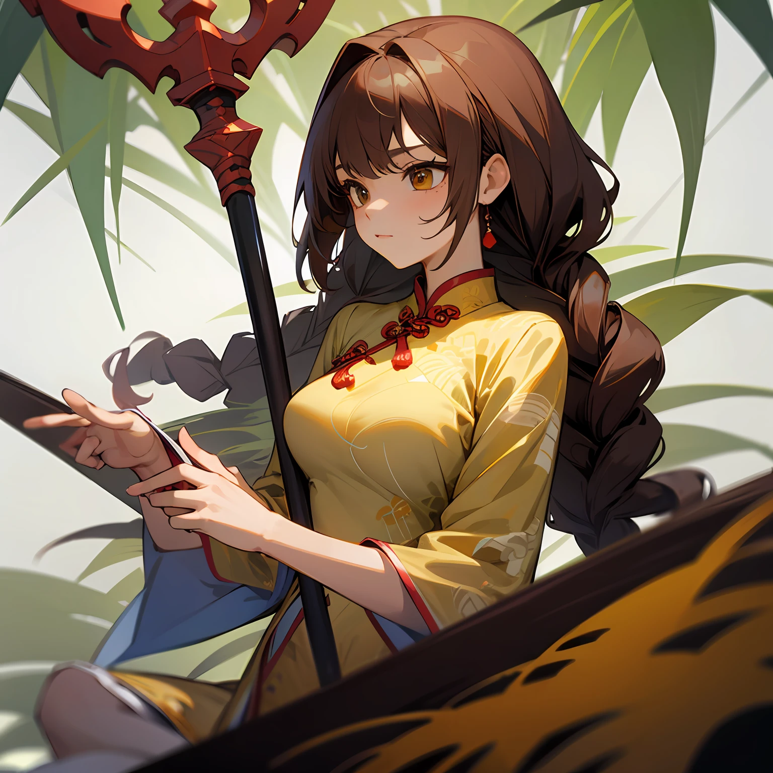 A young woman with double twisted braids wearing a cheongsam with white and yellow patterns,jungles,brown hair ,halberd --auto