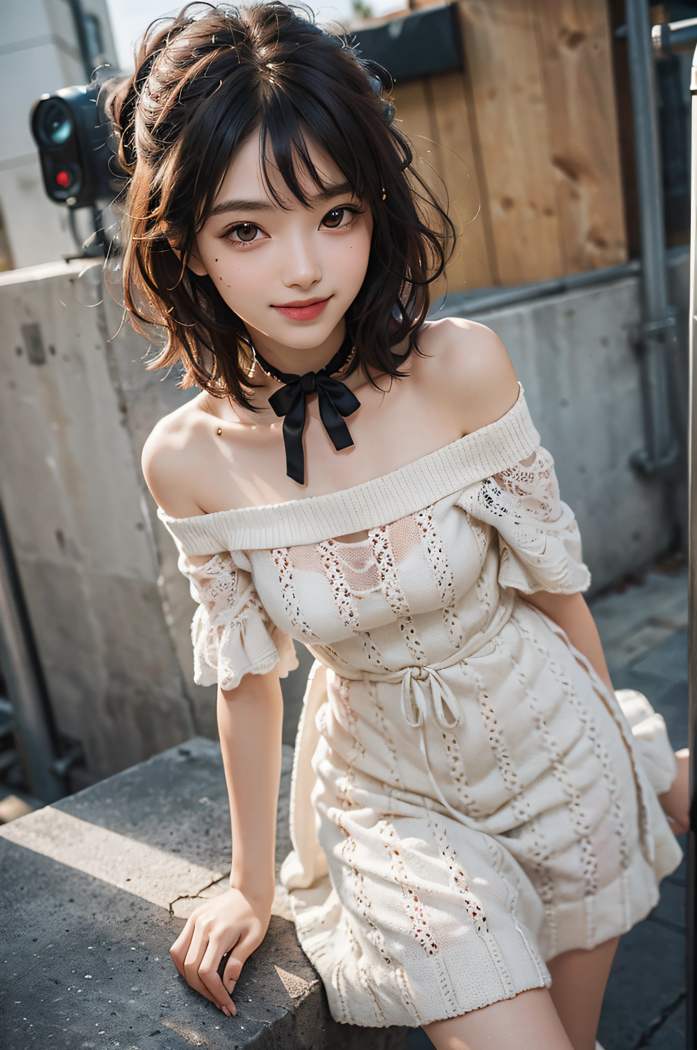 (delicate illustration:1.3)、(masterpiece:1.0)、(finely best quality:1.4)、(超A high resolution:1.2)、(Hphotorealistic:1.4)、(8K、Raw photography:1.2)、(foco nítido:1.3)、fullllbody、(23years old:1.4)、(((One girl wearing a detailed off-shoulder knitted dress)))、((Girl with short bob hair))、(Brightly colored clothing)、(Fashionable patterned clothes)、(((urban backdrop)))、((Brown contacts white skin))、鎖骨、hugetits、(Happy smiling face)、landscapes、bangss:1.2、beatiful detailed eyes、(sface focus)、 When you look into the camera、Slimed、Slender West、Thin leg、(cute little)、(Beautiful fece)、showing the view from above、pureerosface_v1、ulzzang -6500-v1.1