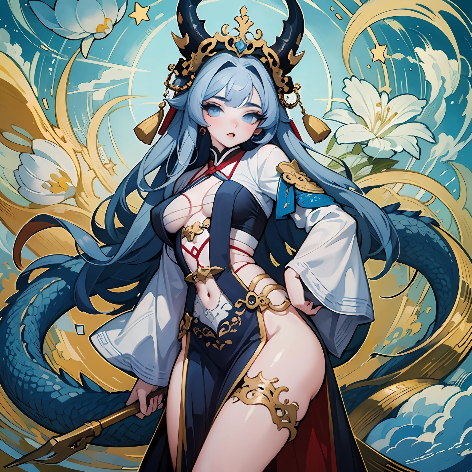 Dragon girl,Light blue hair,rnlong hair,Blue eyes,Star-like eyes,Hanfu,Blue and white porcelain pattern for clothes,full bodyesbian,tmasterpiece,Superb body ,a Oriental Dragons