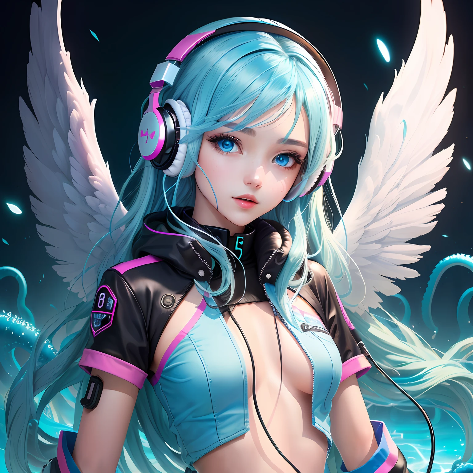 Angel light blue hair wings headphones blue eyes tentacles