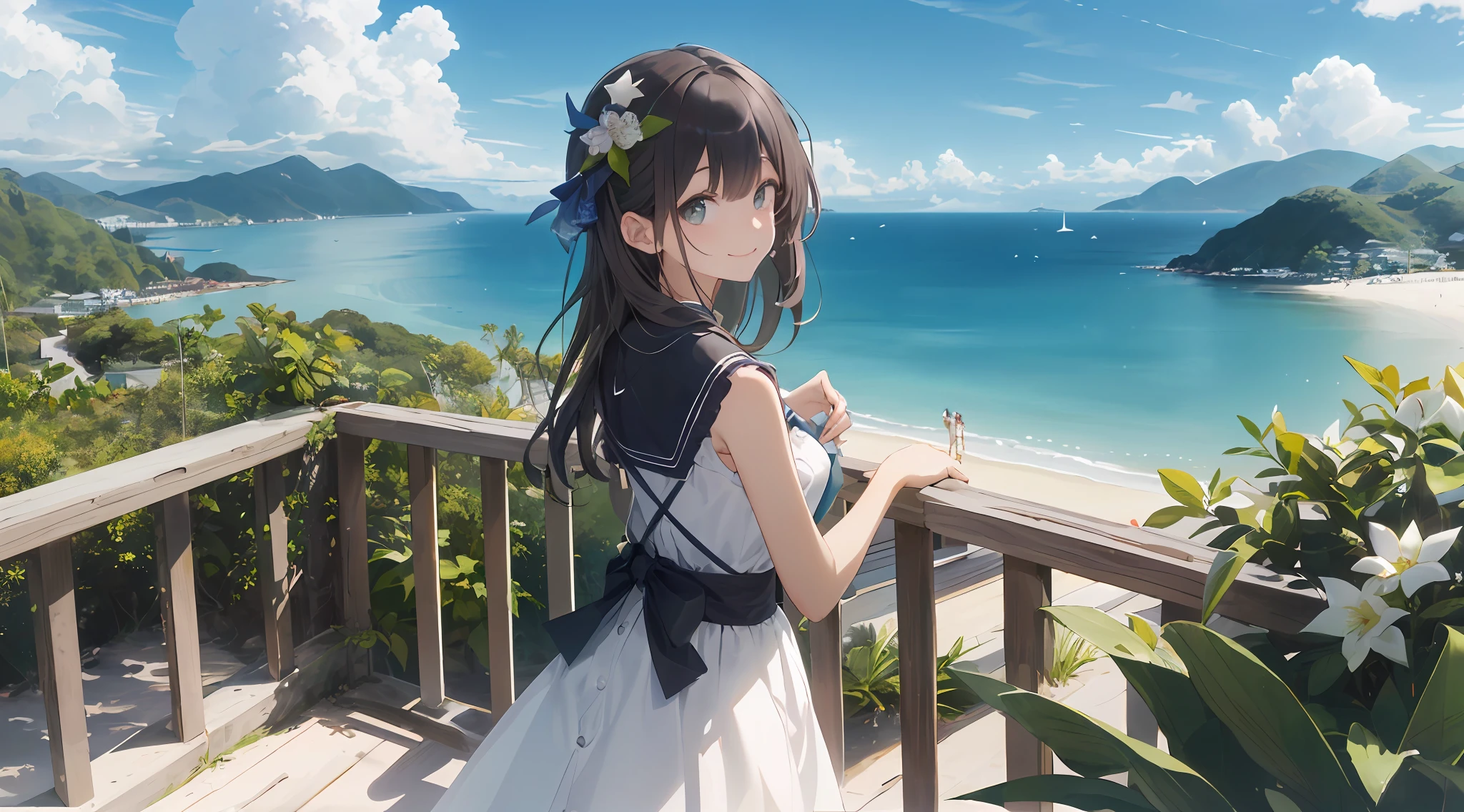 (finely best quality:1.5)、(ultra-detailliert:1.5)、(Highest Quality Photos:1.5)、Beautiful Girl  Girl、a very cute、Crystal clear white skin、Beautiful sea、The ocean as far as the eye can see、Summer sky、Into the cloud、Beach、1 persons、Staring at the clouds、Radiant smile、Islands in the Seto Inland Sea、Nostalgia hobby、nostalgia、