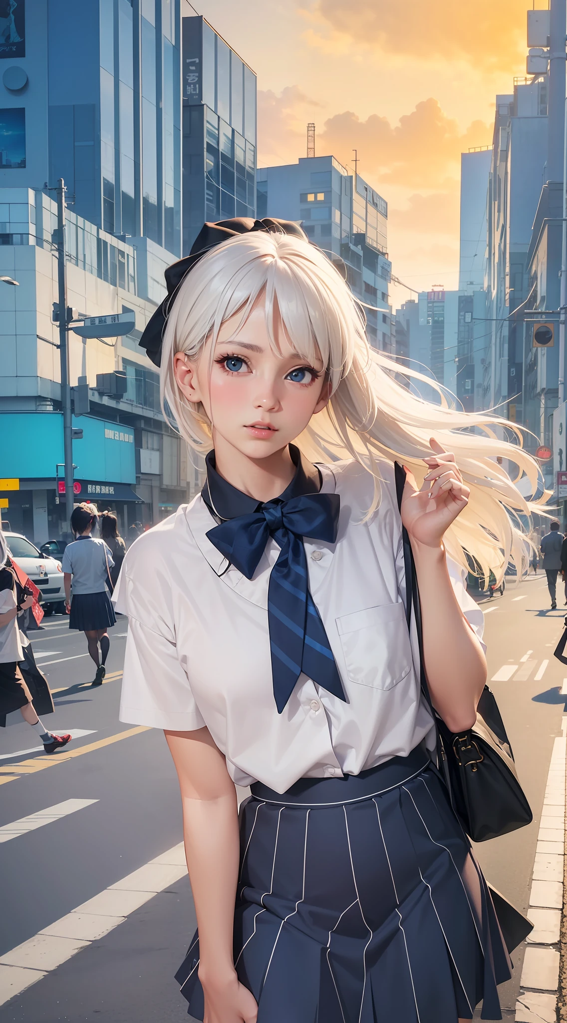 (8k, RAW photo, masterpiece:1.3), (realistic, photo-realistic:1.37), (night), (looking at viewer:1.331), (white hair), posing, Tokyo street, nightcityscape, cyberpunk city, soft light, 1girl, extremely beautiful face, bust, put down hands, Random hairstyle, Random expression, big eyes, lower abdomen, (short-sleeved .JK_shirt), JK_style, (dark blue JK_skirt), (bow JK_tie), mix4., best quality