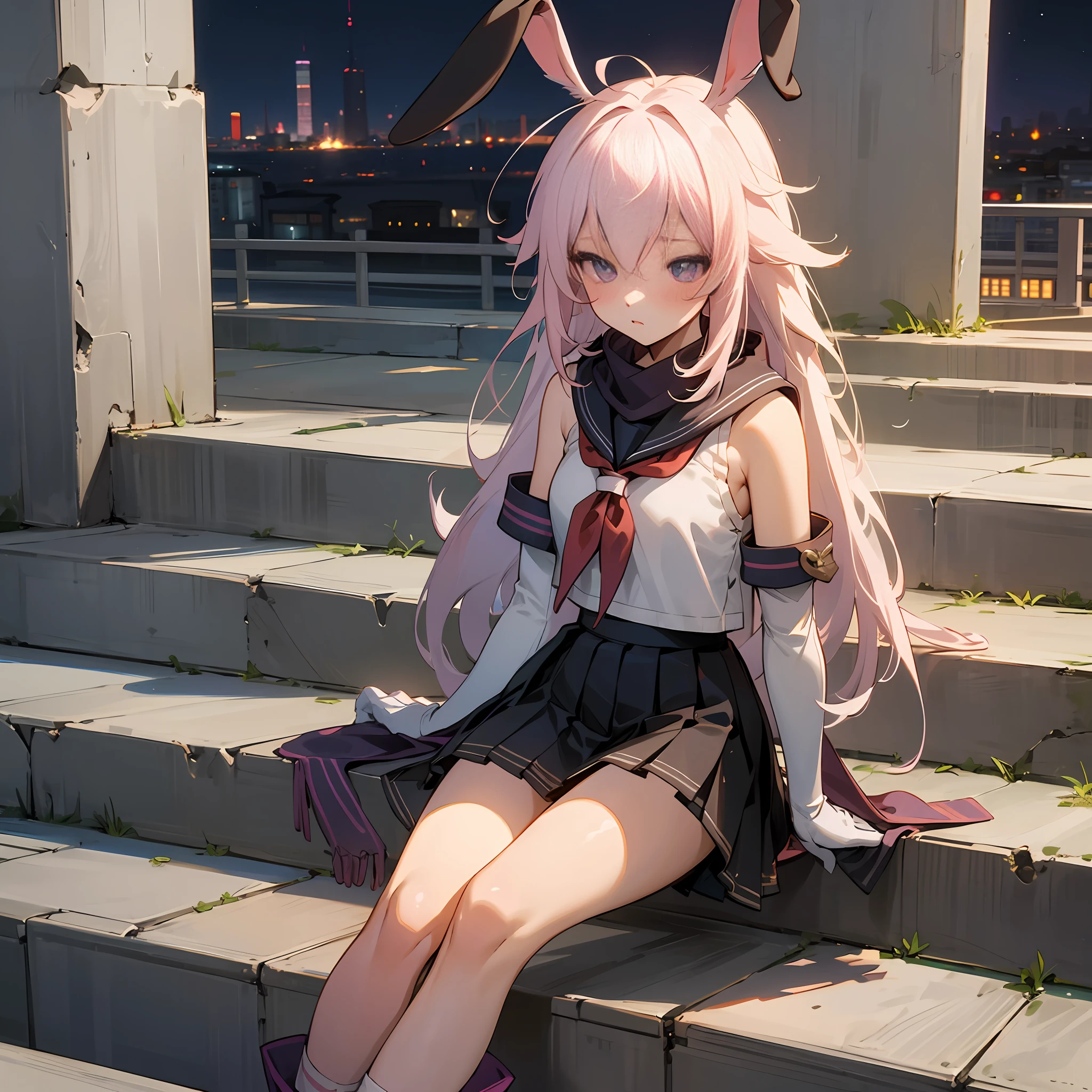 Realistic, Ultra High Resolution, Best Picture Quality, Masterpiece, Extremely Delicate Girl, Purple Eyes, Looking at the Audience, Long Legs, Blushing, Shy, (City Space, Night, Movie Lighting), ((Sailor Collar, Short Top, Scarf), Miniskirt, Pleated Skirt, High Pants, Striped Socks, Rabbit Ears, Elbow Gloves, Boots, Crotch View, Focus on Thighs)), (YaeMiko, yae Sakura : 1.3), (Realism: 1.4), ( ulzzang-6500-v1.1:0.66),