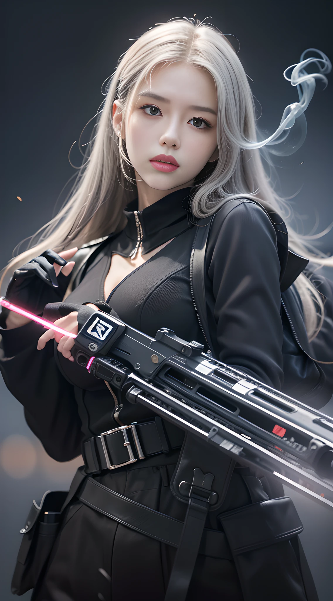 masterpaintings，（optimal quality），highly - detailed，Ultra-detailded，1个Giant Breast Girl，（Girl Frontier HK416），whitehair，（length hair：0.8），（tactical gear：1.2 ), (Black combat uniform）、（blue eyed）、（Serious expression）、（guns：1.5）、（during night：0.7）、（urban enviroment）、（dynamicpose）、（luminous neon lights：0.9）、（smoke effect：0.6 ),