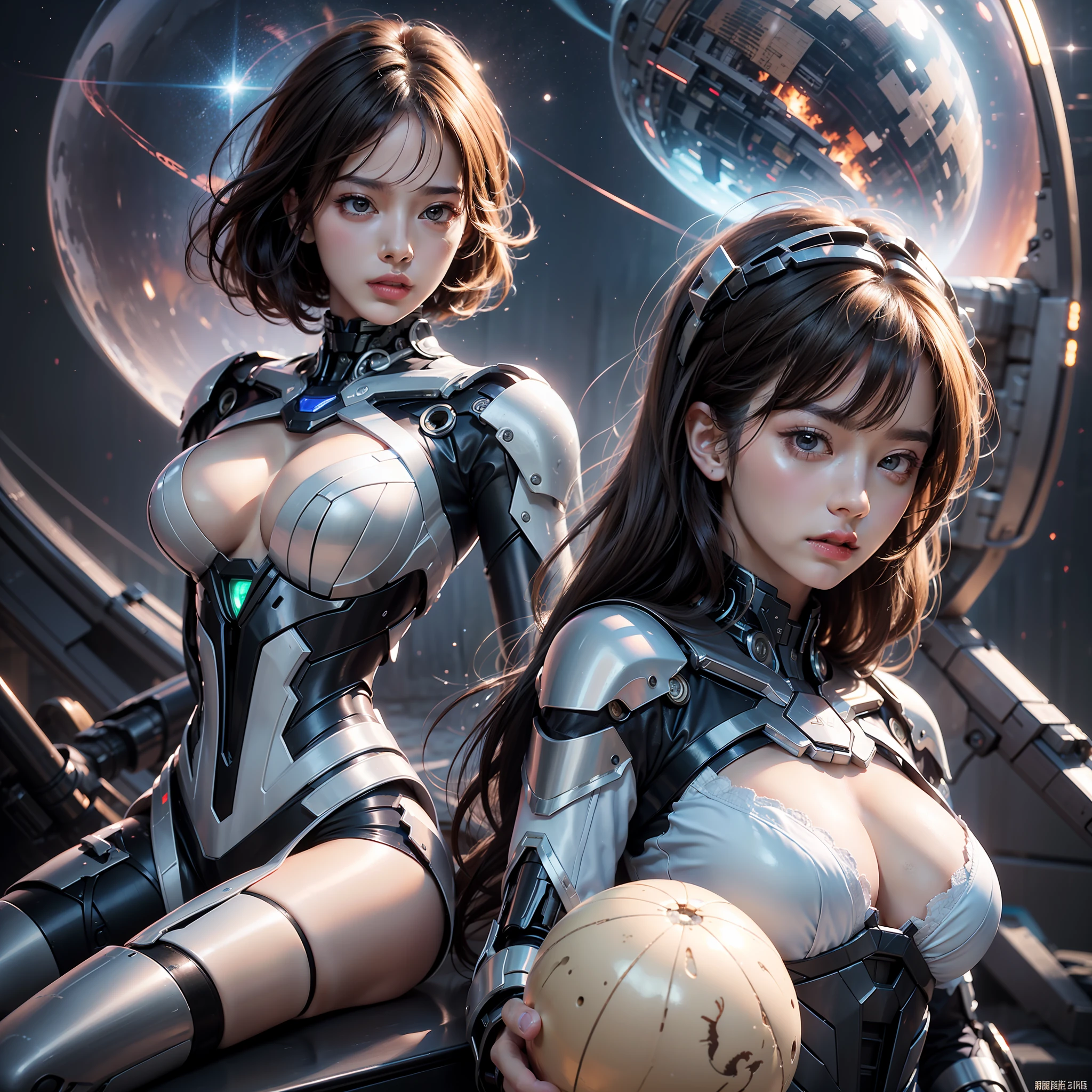 twins,2girls,,Goose egg face,largeeyes,long eyelasher,With bangs,Cool handsome,Domineering,Exquisite(live-action realistic style),Ultimate face,Photorealistic light and shadow,Star-like eyes,(hair flowing),Upper body background,nedium breasts,Swan neck,big breasts beautiful,Extremely high quality,Cinematic graphics,High quality CG,8K分辨率,Mecha,Jump,((dynamicposes)Sit together),(Super detail),shift dresses:1.1,Dark planet background,space,salama,Dramatic scenes,NSFW:1.07