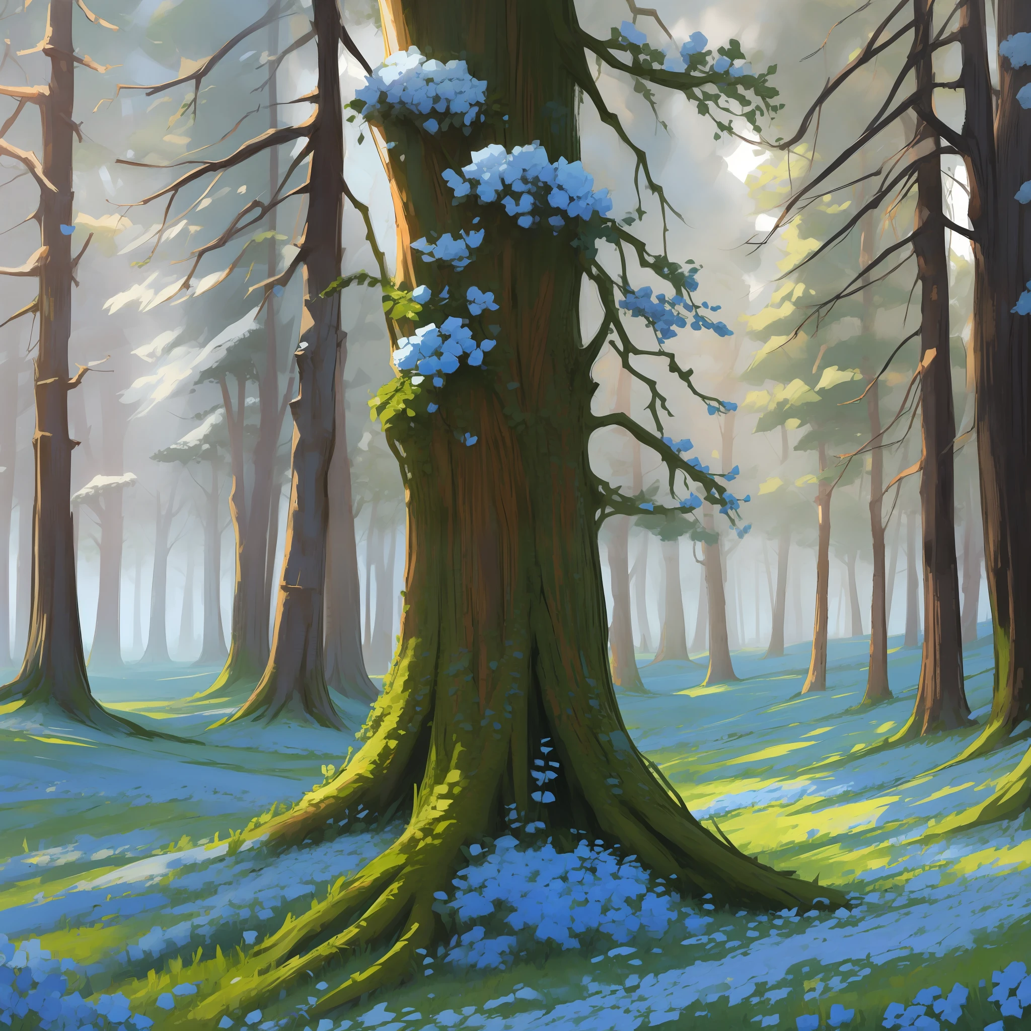Forest winter tree tall blue flowers