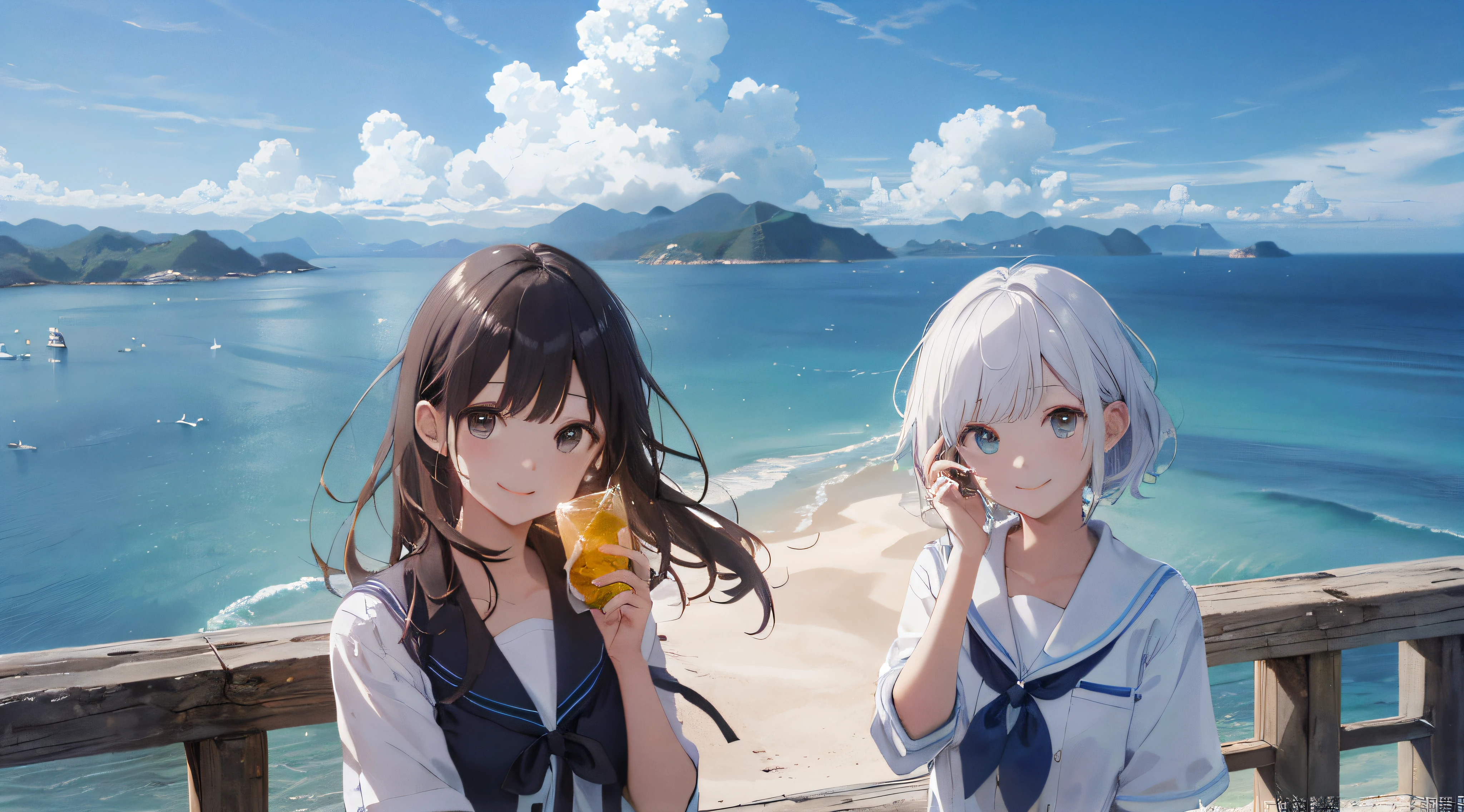 (finely best quality:1.5)、(ultra-detailliert:1.5)、(Highest Quality Photos:1.5)、Beautiful Girl High School Girl、a very cute、Crystal clear white skin、Beautiful sea、The ocean as far as the eye can see、Summer sky、Into the cloud、Beach、1 persons、Staring at the clouds、Radiant smile、Islands in the Seto Inland Sea、Nostalgia hobby、nostalgia、