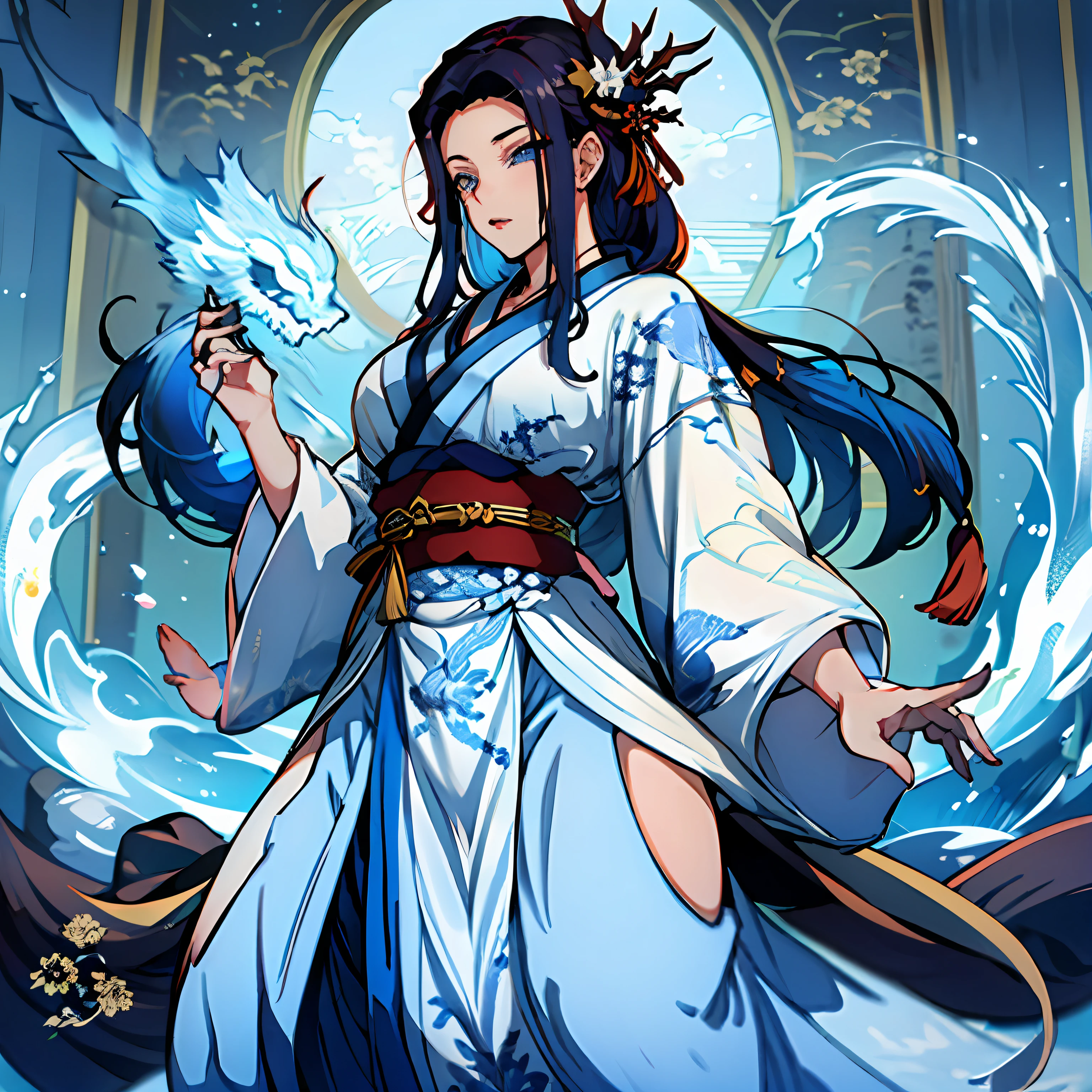 Dragon girl,Light blue hair,The long-haired,Blue eyes,Star-like eyes,Hanfu,Blue and white porcelain pattern for clothes,full bodyesbian,tmasterpiece,Superb body ,a Oriental Dragons