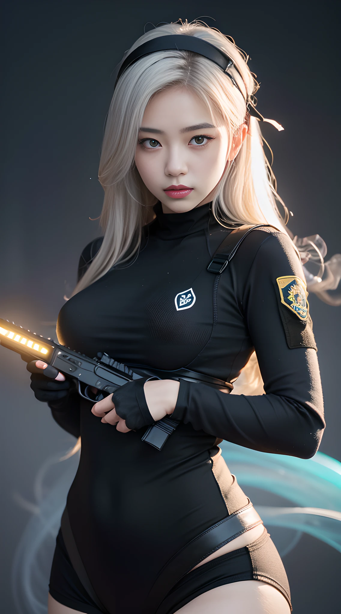 masterpaintings，（optimal quality），highly - detailed，Ultra-detailded，1个Giant Breast Girl，（Girl Frontier HK416），whitehair，（length hair：0.8），（tactical gear：1.2 ), (Black combat uniform）、（blue eyed）、（Serious expression）、（guns：1.5）、（during night：0.7）、（urban enviroment）、（dynamicpose）、（luminous neon lights：0.9）、（smoke effect：0.6 ),