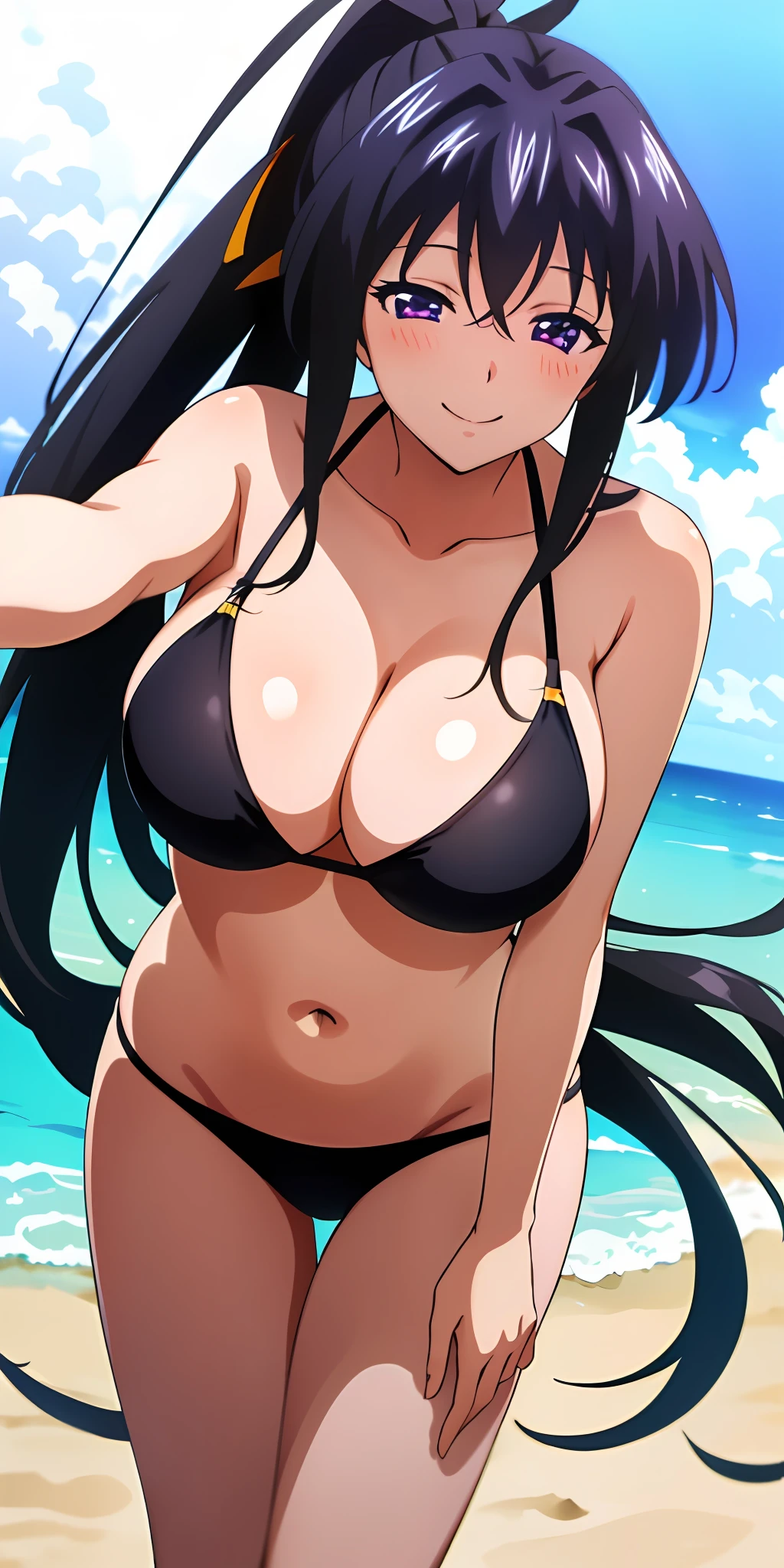 (Best quality:1.3), himejima akeno, black long hair, large breasts, bikini, smiling, beach, (pov, close shot, sexy)