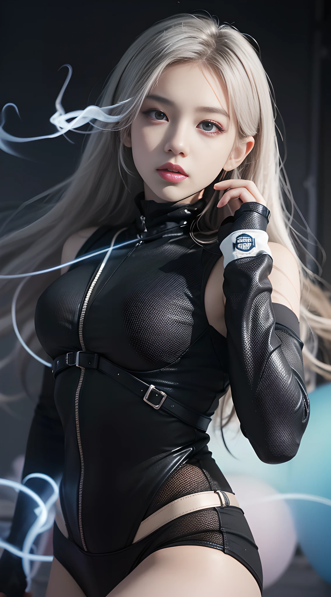 masterpaintings，（optimal quality），highly - detailed，Ultra-detailded，1个Giant Breast Girl，（Girl Frontier HK416），whitehair，（length hair：0.8），（tactical gear：1.2 ), (Black combat uniform）、（blue eyed）、（Serious expression）、（guns：1.5）、（during night：0.7）、（urban enviroment）、（dynamicpose）、（luminous neon lights：0.9）、（smoke effect：0.6 ),