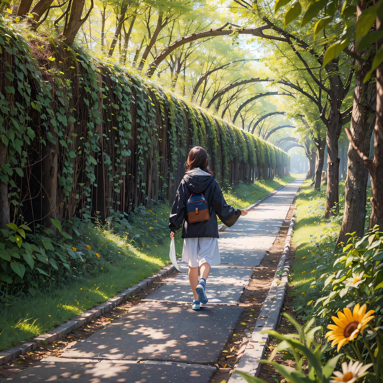 A long hair dress with long hair,A girl holding an English book walks along the tree-lined path of the campus --auto