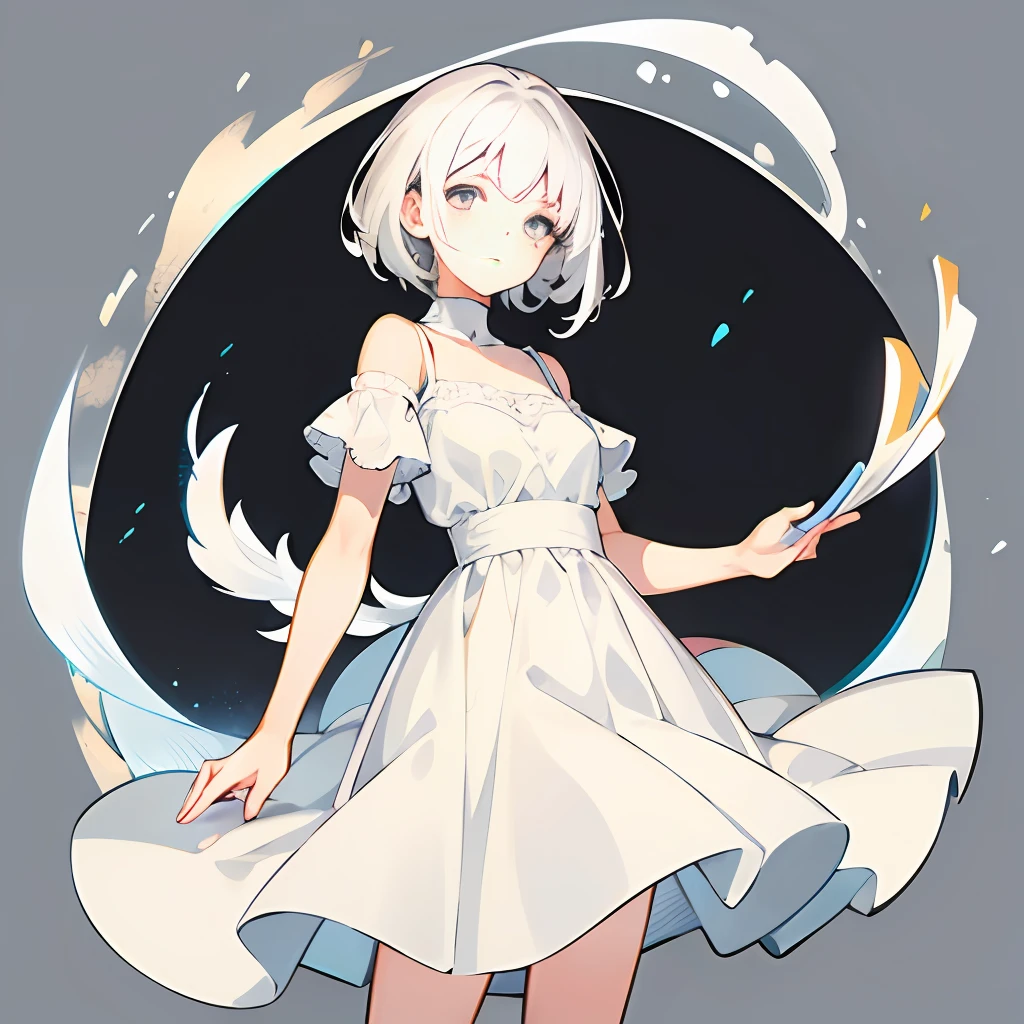 1girl in,grey background,White Dress,White hair,monochromes,Cowboy Shot,