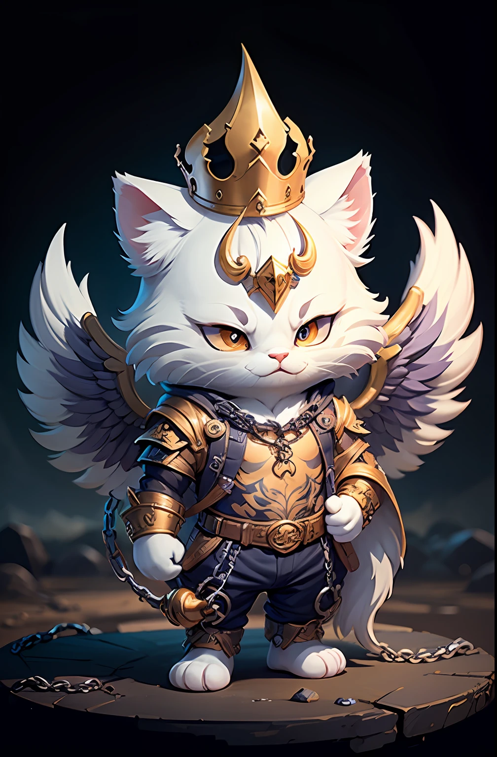 (Mythical wind, Fine depiction, Ultra HD CG 8K wallpaper, virtual figure illustration) A white and flawless kitten,Dressed in chain gold armor,He wears a purple-gold crown with phoenix wings,Holding a ruyi golden hoop rod,Feet wear light silk steps,Standing on the top of the mountains