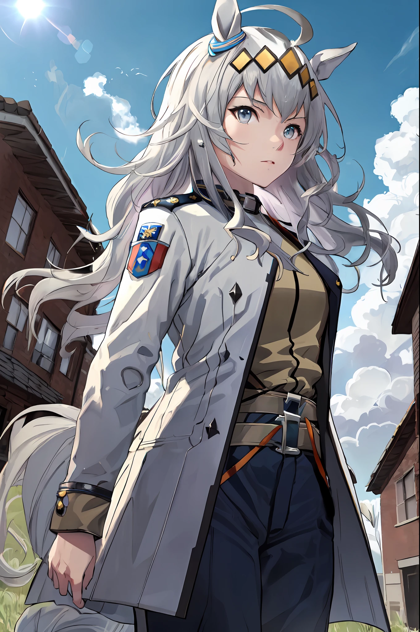 (8k, RAW photos, top quality, masterpieces), (solo, 1 girl, ahoge: 1.2) ,horse girl, glint, ears covering hair, horse ears, (Military uniform, armor, military uniform, long khaki coat, high collar, shoulder belt, leather boots, long pants, khaki military cap, obi sword, military, belt), (looking at the camera), dynamic lighting, High resolution, sharp focus, depth of field, (blue sky), (prairie), (approaching wind), dynamic angle, perfect composition