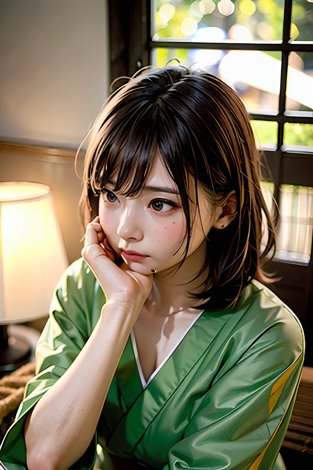 Girl with bamboo in her mouth Grievances Naked Upper body Kimono Evening Night No one around Indoor Duck sitting Looking down Blush Cinematic lighting