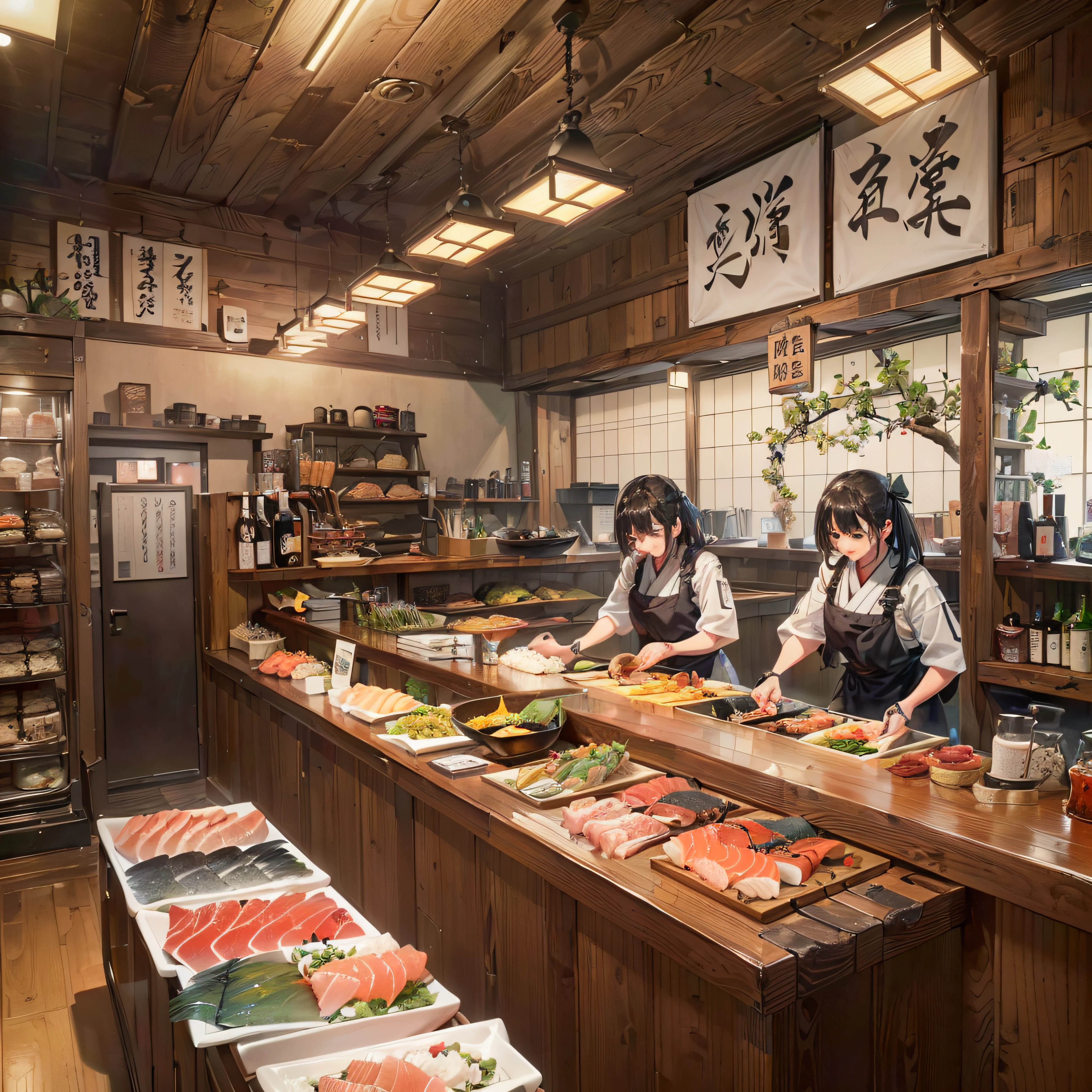 ((​masterpiece,finely best quality,Official art,Unity8k wallpapers,hight resolution,(1womanl:1.4), Bright lighting, Small interior, Japanese-style izakaya, (Restaurants with sake and food:1.2), Female shopkeeper standing at the counter, Sashimi, And food, Izakaya,