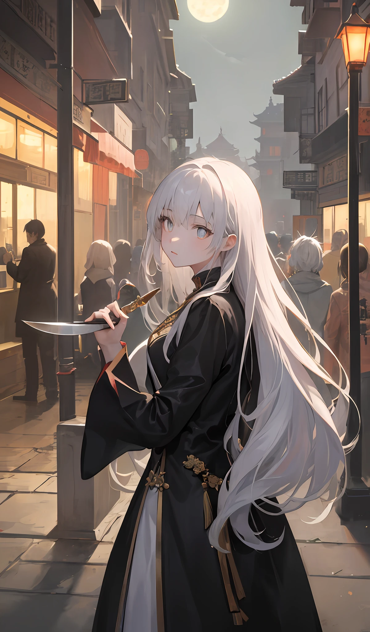tmasterpiece、Need、night scene、moon full、Black silk Chinese style、Ancient China、Sister、Royal sister、in cold face、face expressionless、Silver white long haired woman、Pale pink lips、Steady、Intellectual、tribelt、Gray pupils,assassins,short knife,flower ball background,Stroll through the streetscape