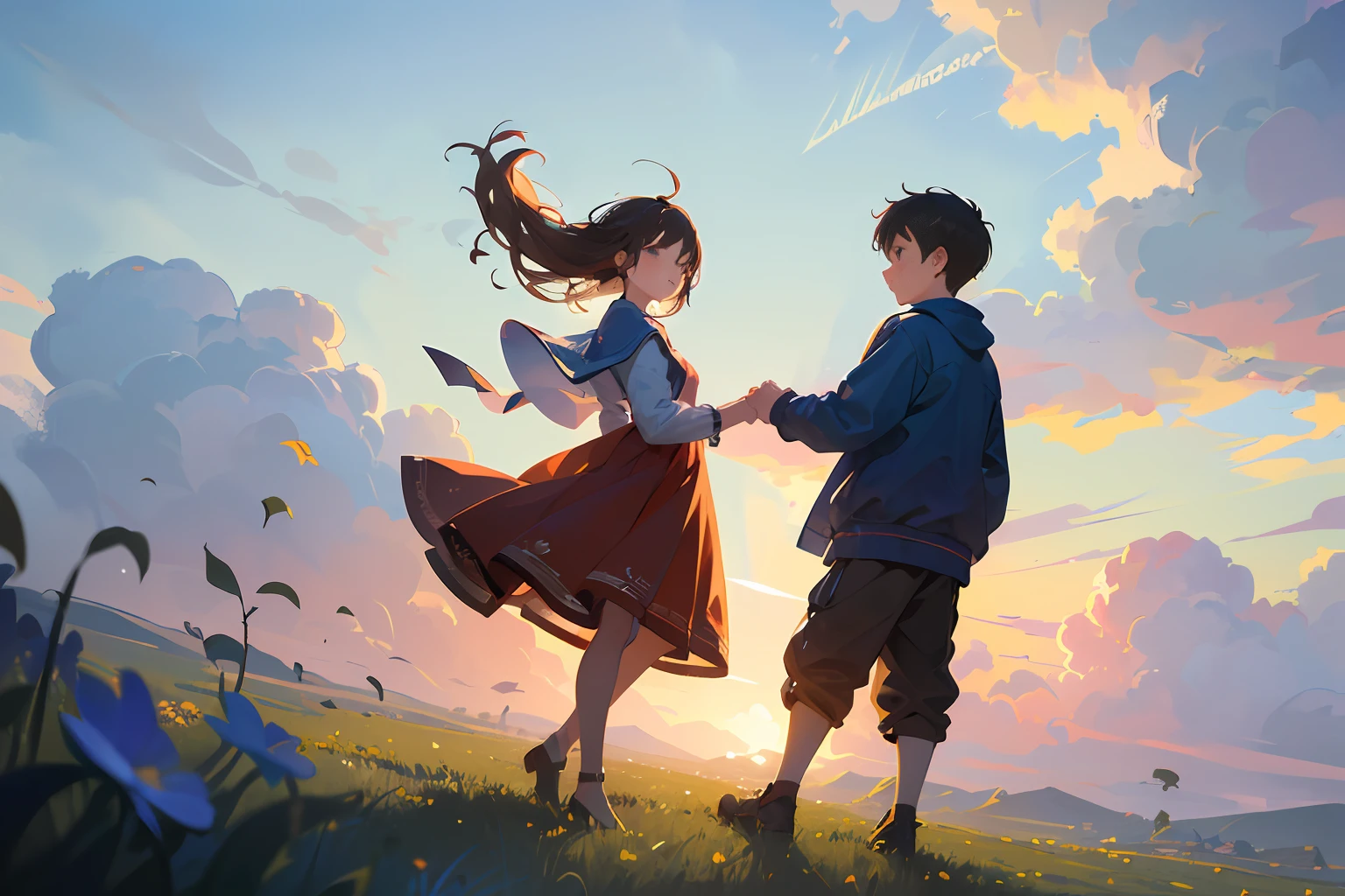 ((The best quality illustrations))、((Ultra-Definition Depiction))、((dinamic angle、))、((A five-year-old boy and a five-year-old girl))、With fair skin and a smile、Depict the scene of dancing plants in the meadow。((The wind is blowing strong))、Fresh and clean々There is a good atmosphere in the air.。