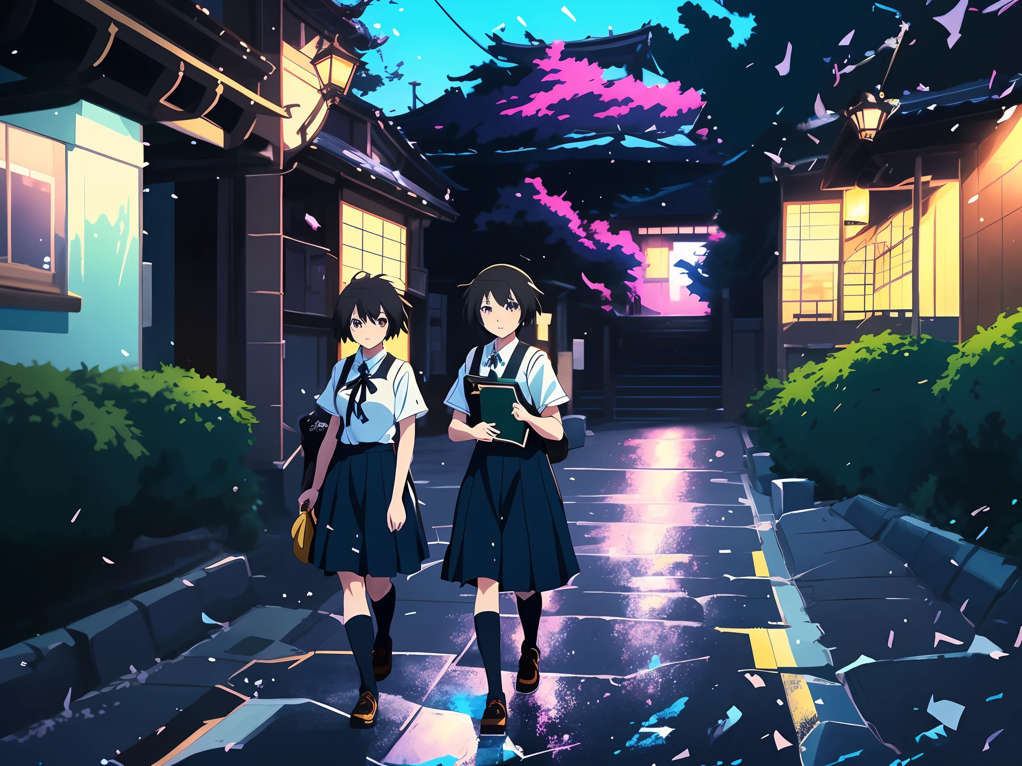 anime characters walking down a street in a city at night, style of anime4 K, Anime style. 8K, Anime art wallpaper 8 K, Anime wallpaper 4 k, Anime wallpaper 4k, in style of kyoto animation, anime moe art style, Anime art wallpaper 4 K, Anime art wallpaper 4k, 4K anime wallpaper, Makoto Shinkai Cyril Rolando