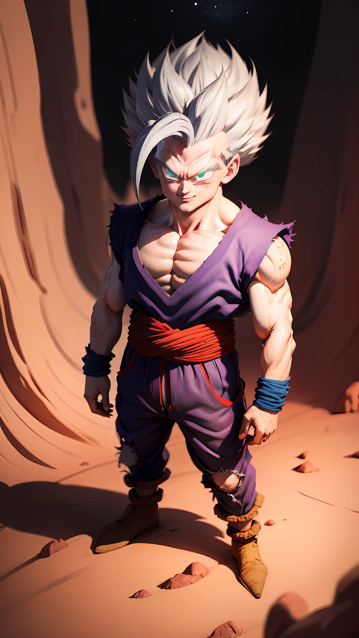 masterpiece, best quality, ultra-detailed, Adult Gohan 1boy, solo, Full body, evil smile, grey hair, spiked hair, red eyes, dougi, full body, looking at viewer, male focus, earth \(planet\), planet, space, cracked ground and rocks rising up, rubble rising,