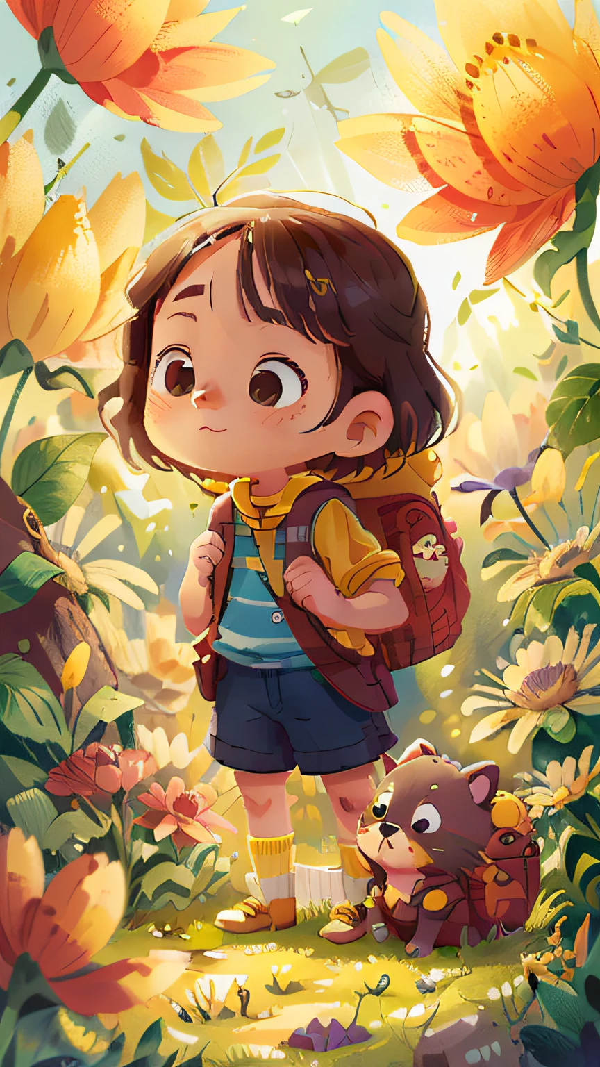 A very charming  girl with a backpack and her cute little dog enjoying a lovely spring outing surrounded by beautiful yellow flowers and nature. The illustration is a high-definition illustration in 4K resolution with highly detailed facial features and cartoon-style visuals.