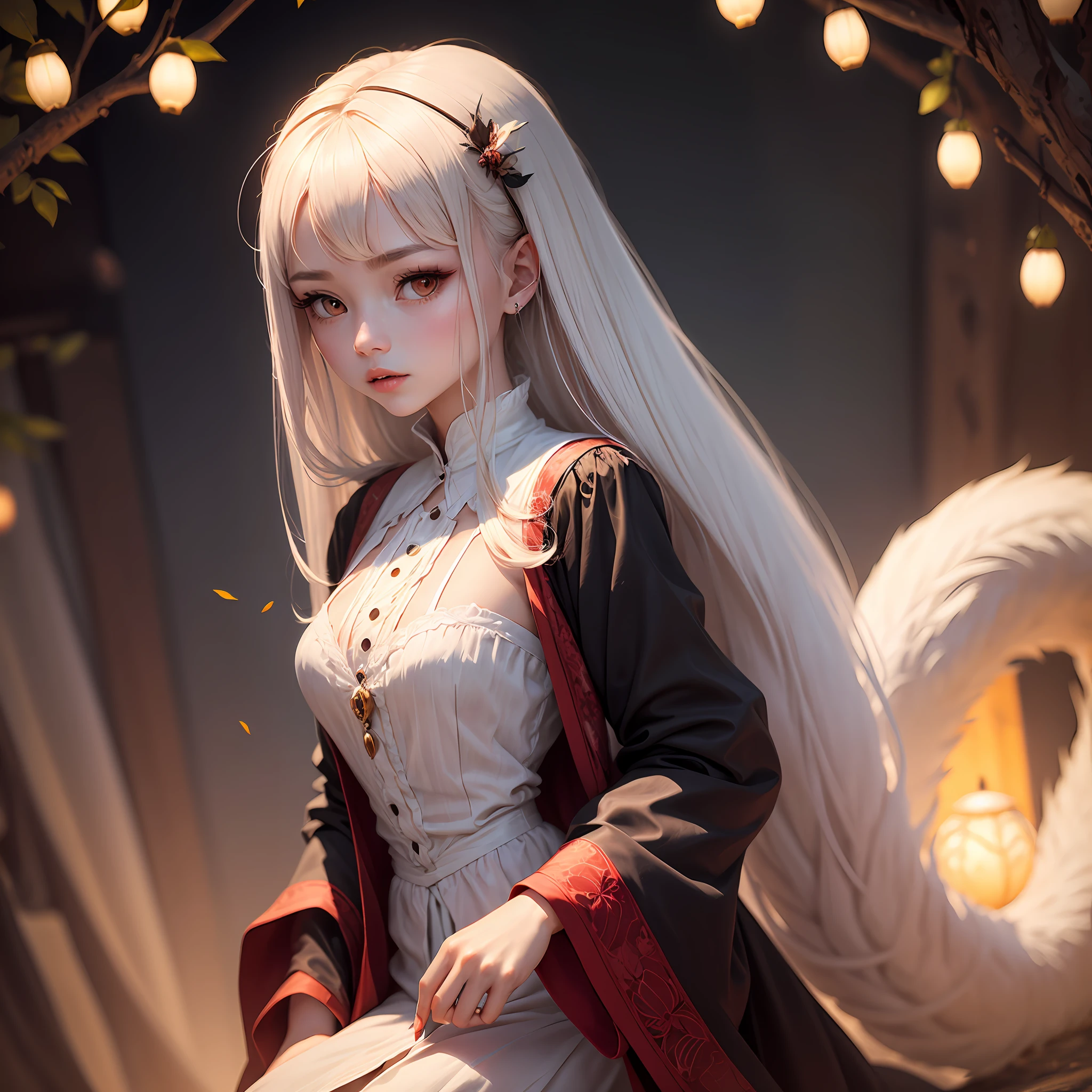 The red-clothed ghostly and beautiful face，Apricot eyes contain spring，Upturned tail of the eyes，A little enchanting red，There are natural silkworms right now， --auto