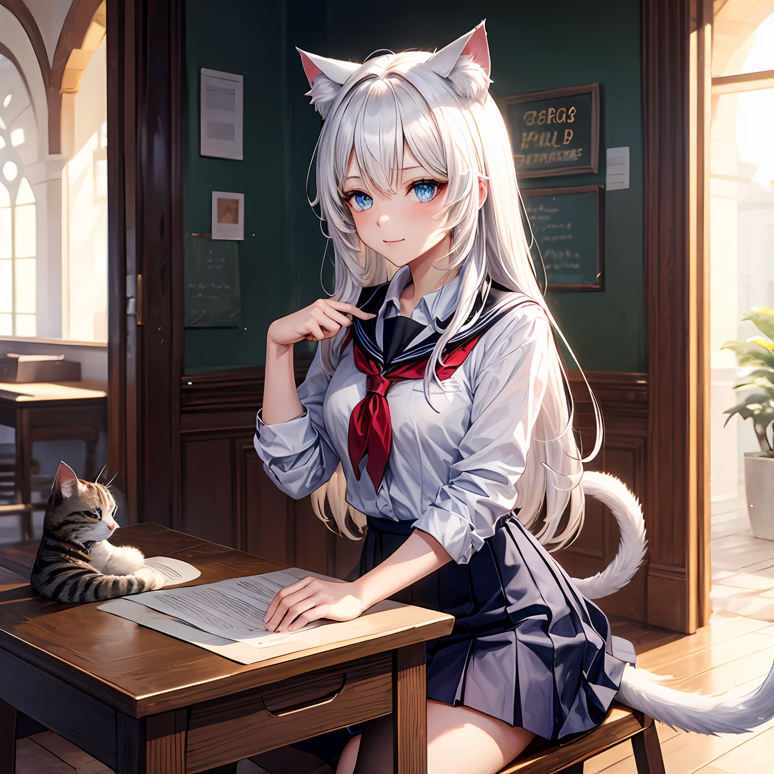 White hair，mid - length hair，Blue eyes，cat ear，Cat tail，Royal Sister，4K，Need，girls，Looks charming