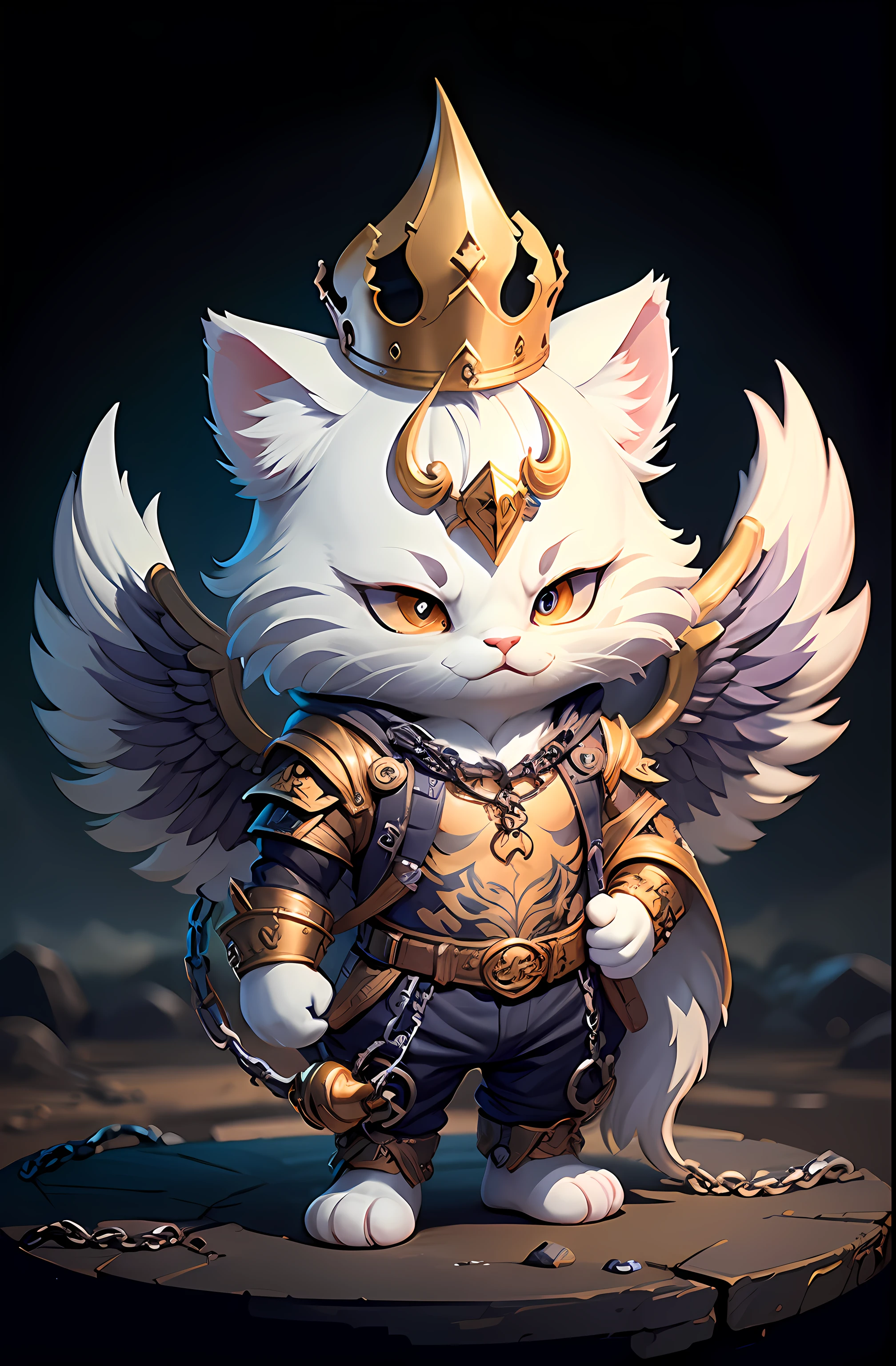 (Mythical wind, Fine depiction, Ultra HD CG 8K wallpaper, virtual figure illustration) A white and flawless kitten，Dressed in chain gold armor，He wears a purple-gold crown with phoenix wings，Holding a ruyi golden hoop rod，Feet wear light silk steps，Standing on the top of the mountains