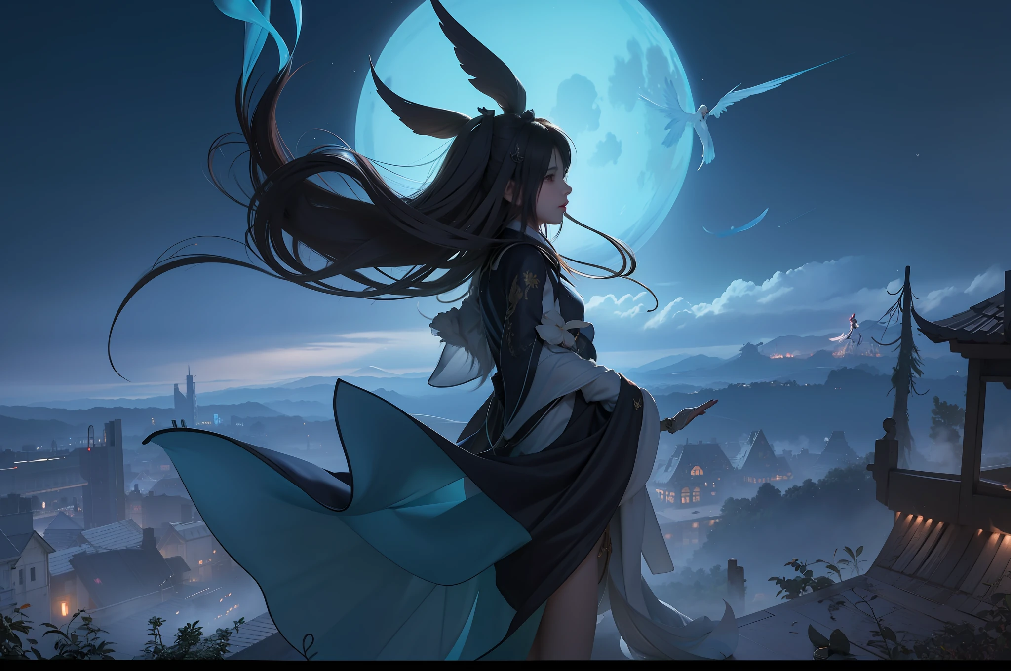 anime girl with long hair flying in the air in front of a full moon, Guviz-style artwork, Guviz, Guweiz in Pixiv ArtStation, Guweiz on ArtStation Pixiv, Digital art on Pixiv, Beautiful anime artwork, ross tran and wlop, Anime art wallpaper 8 K, ross tran. scenery background