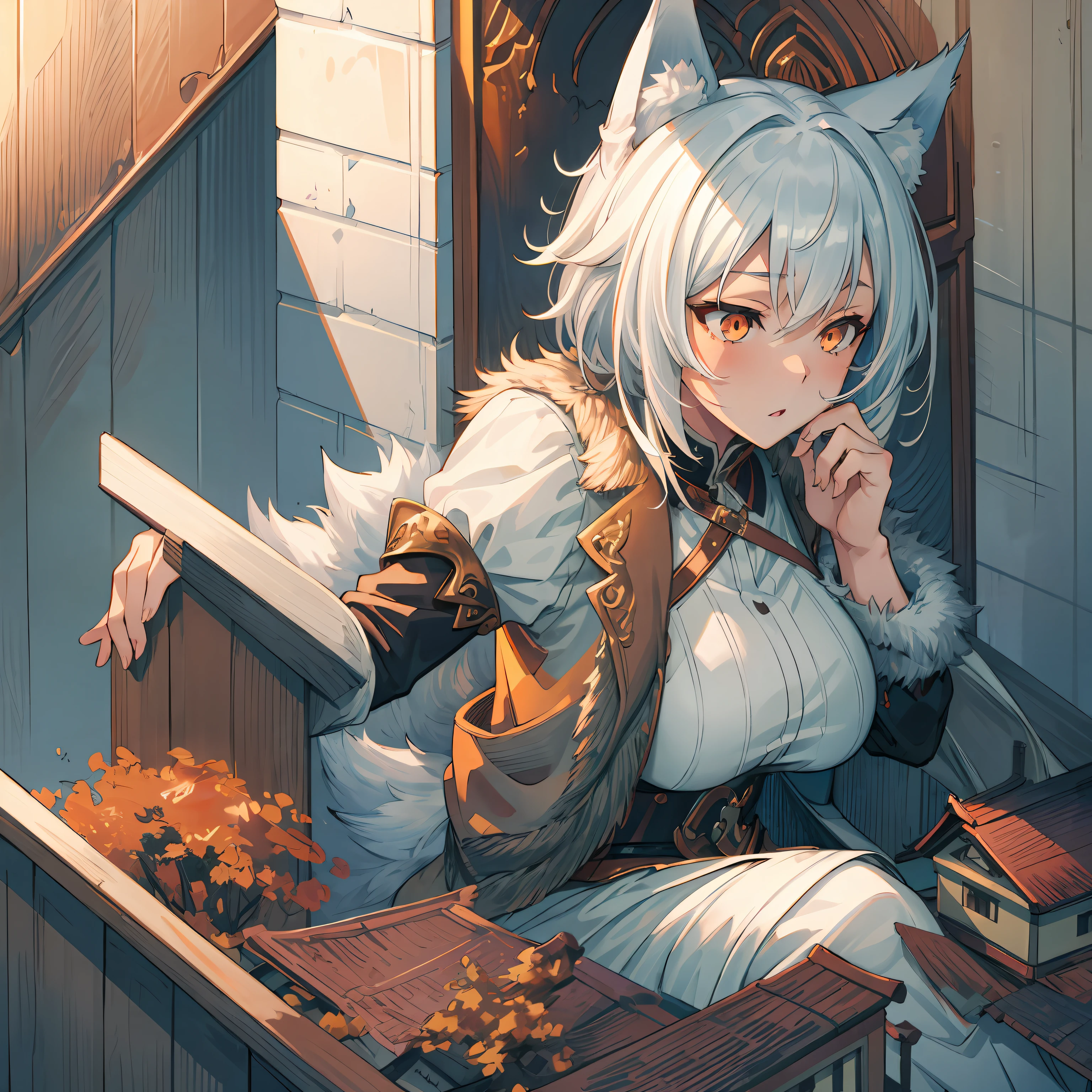 silver hair, beret, mismatched sclera, fox ears, open mouth, anime, cinematic lighting, ray tracing, UHD, high quality --auto