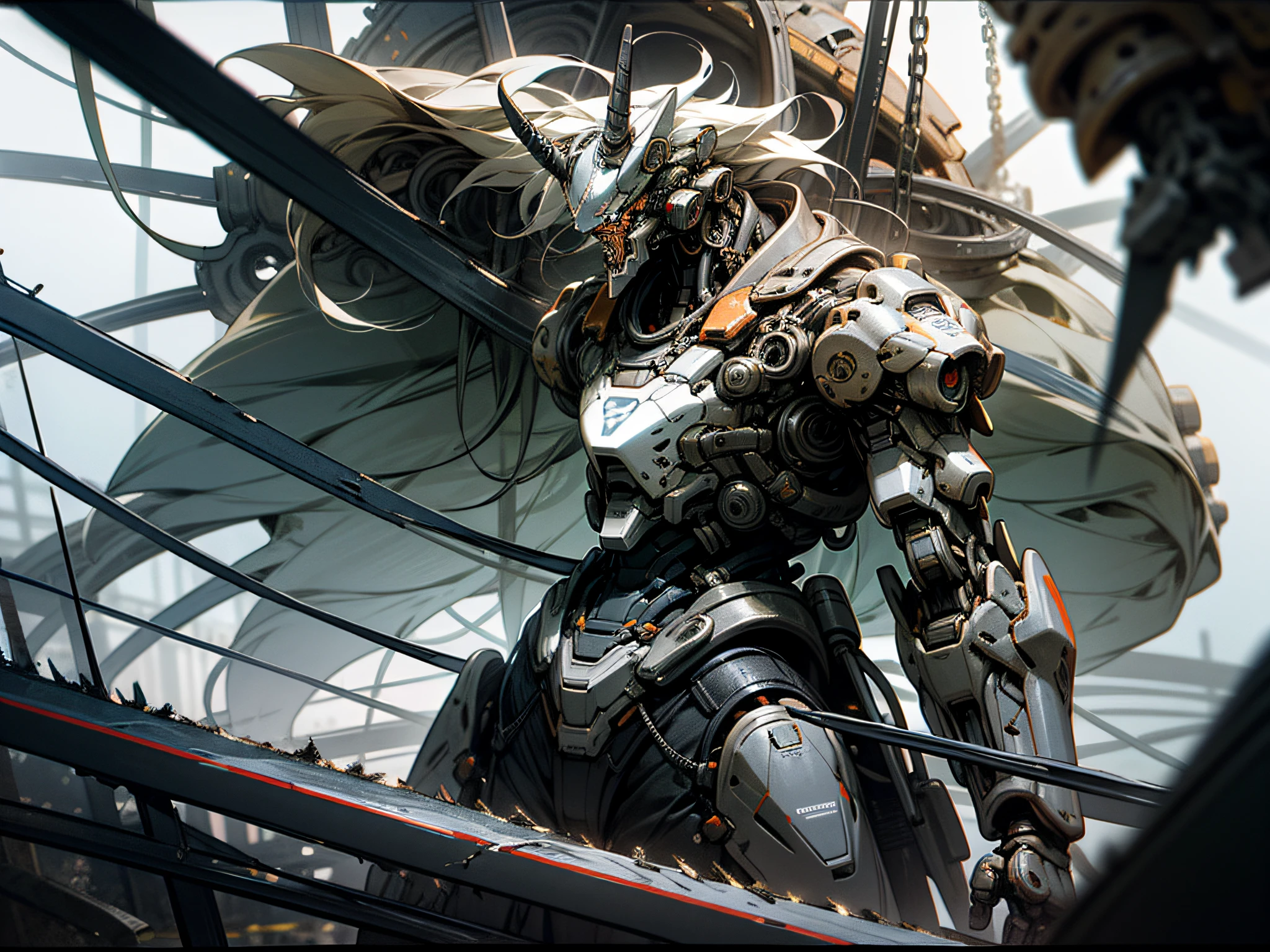Dark_Fantasy,Cyberpunk,(chain saw,chain saw man,Red:1.1),1man,Mechanical marvel,Robotic presence,Cybernetic guardian,wearing a worn-out mech suit，iintricate，（Steel metal[rusted]），ellegance，Clear focus，Photo by Greg Rutkowski，gentlesoftlighting，vivd colour，tmasterpiece，（（the street）），cow boy shot，dynamicposes，armour，mechs，ink，clean linework，negative space，hight contrast，Gradient color