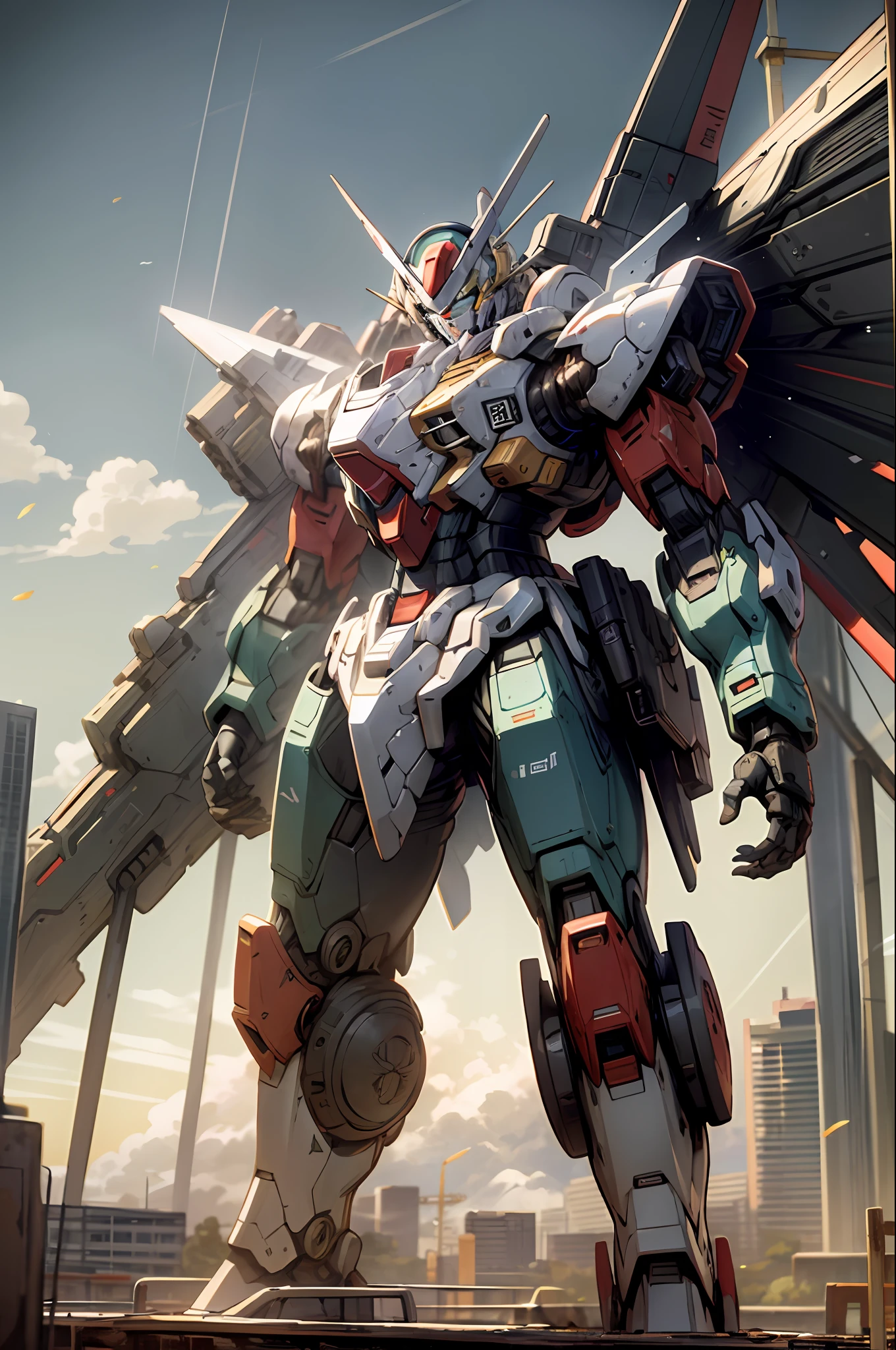 heaven, nuvem, propriedade_arma, DDIM_HumaDDIMs, brilhante, Roboto, construction, brilhante_olho, Mecha, ciencia_fiction, Cidade, real, Mecha, Ohari Masami, Gundam, cinematiclight, 8k