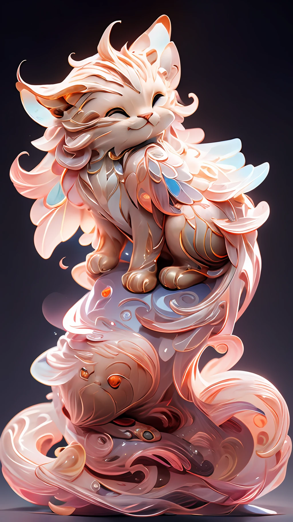 in the shape of a cat，Bling background，Dreamy colors，Transparent statue，florals，tmasterpiece，（best qualtiy：1.3）， full bodyesbian，Ling_Long
