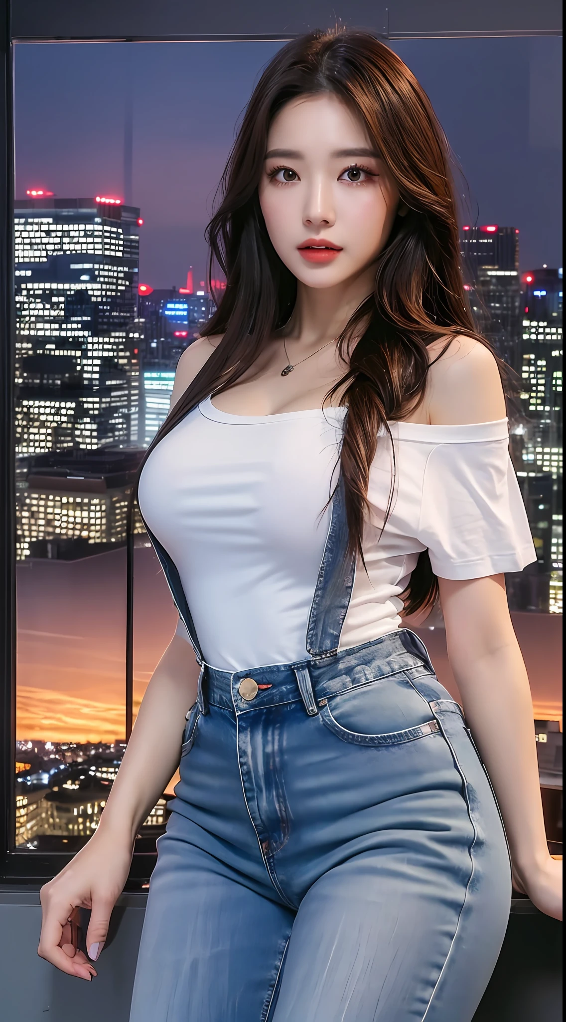 ((Midnight, Best quality, 8k, Masterpiece :1.3)), Whole body, Long legs, Sharp focus :1.2, A pretty woman with perfect figure :1.4, Slender abs :1.1, ((Dark brown hair, Big breasts :1.2)), (White tight tshirt, Jean bib, Standing:1.2), ((Night city view, Rooftop:1.3)), Highly detailed face and skin texture, Detailed eyes, Double eyelid, sunset, darken, backlit, off shoulder
