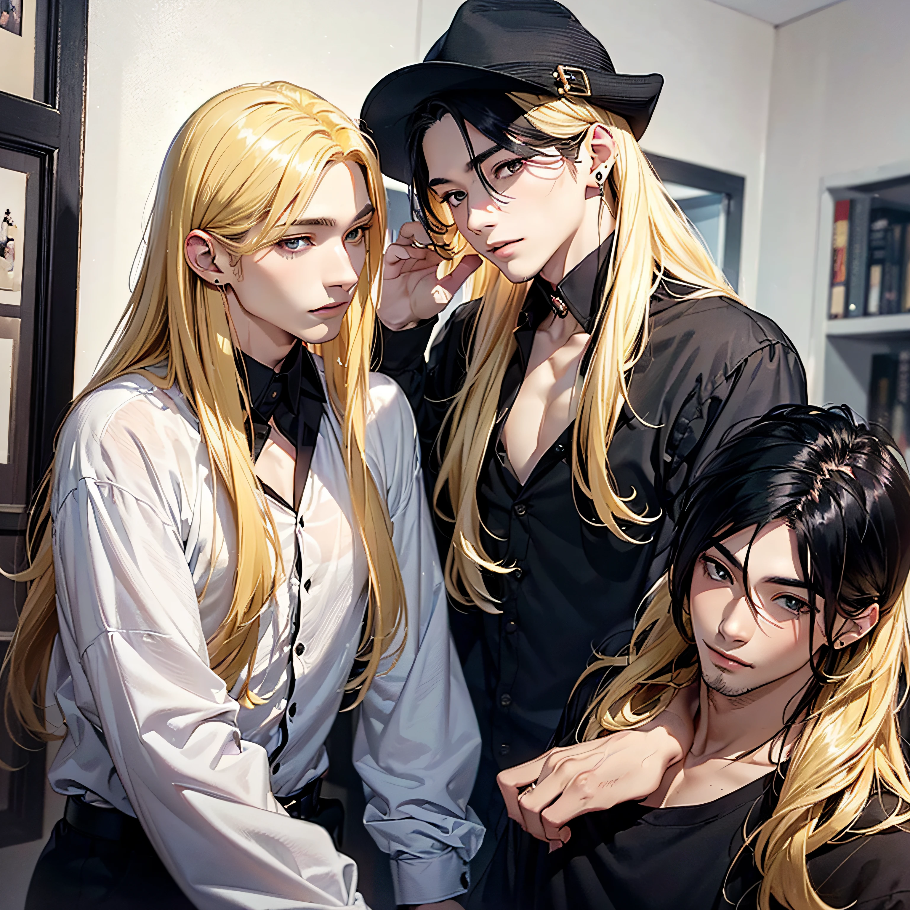 ​masterpiece、Gay Couple、(((Angel Shirt)Dressed in(Blonde long hair)With the beautiful boys of(Devil's Shirt)Dressed in(Long black hair)Beautiful Boys)):1.5、Hair luster、skin gloss